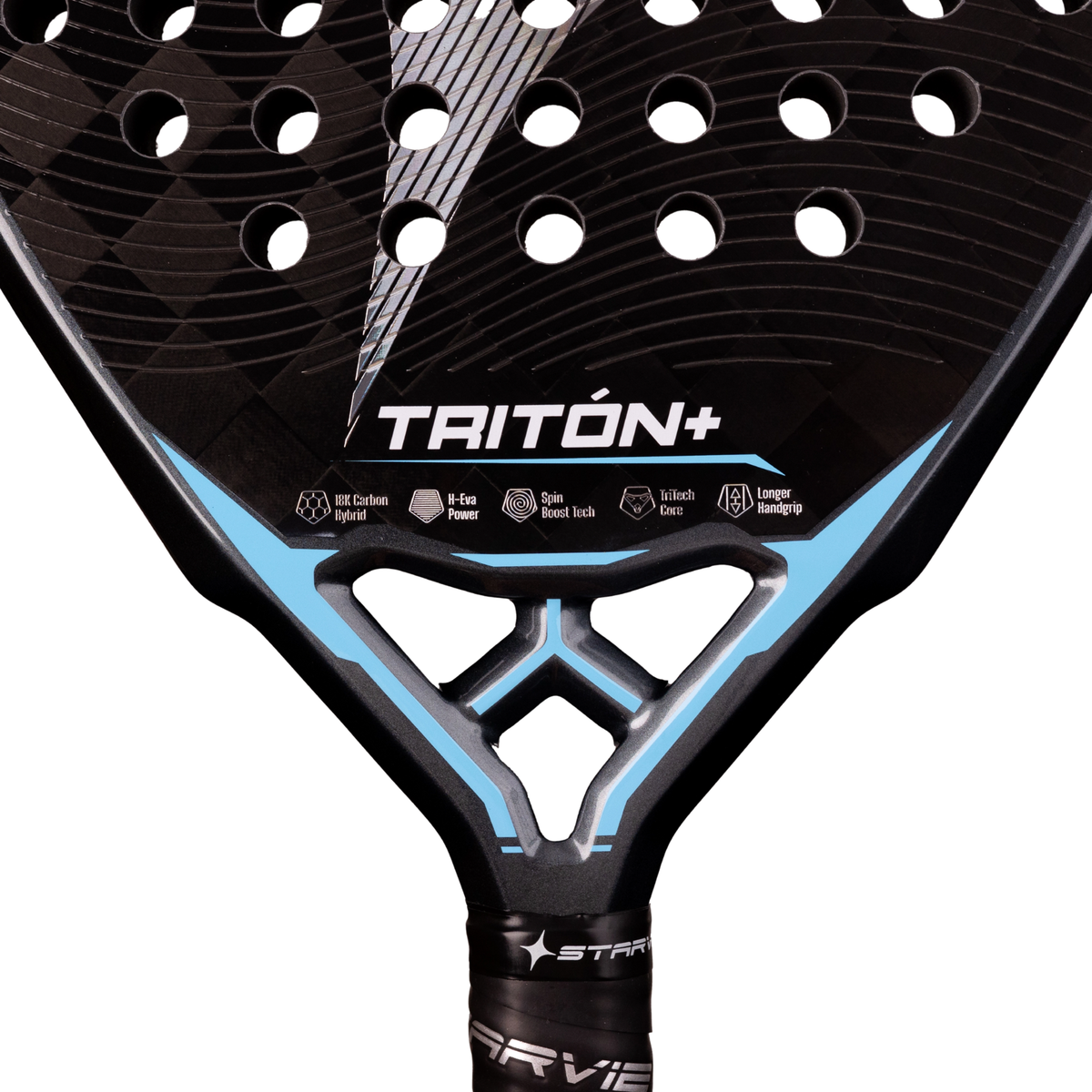 A close-up of the StarVie Triton Power+ padel racket, showing the blue and red bridge, Triton+ branding and lower racket face.