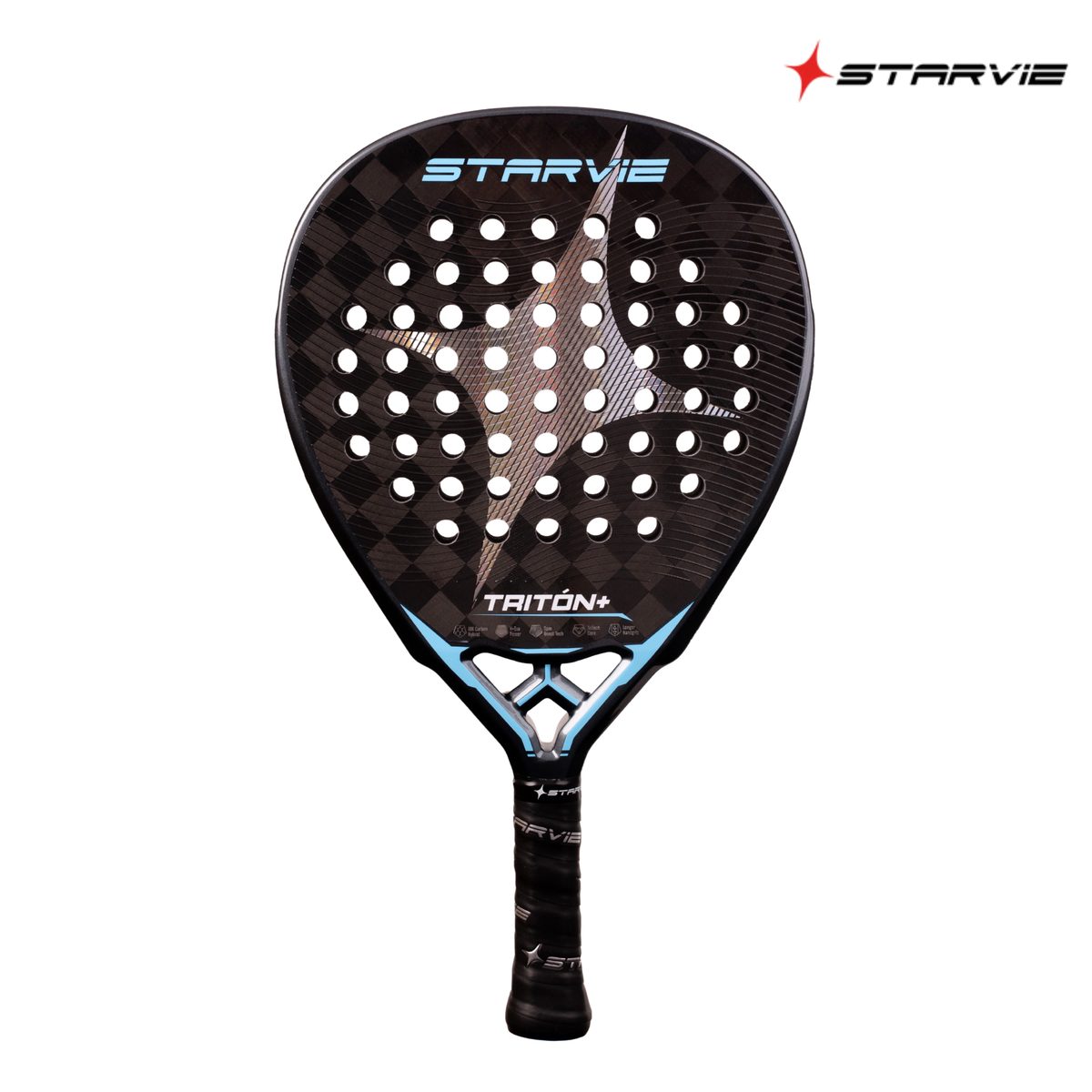 A front view of the StarVie Triton Power+ padel racket, featuring a black racket face, blue StarVie logo, white frame and perforations.