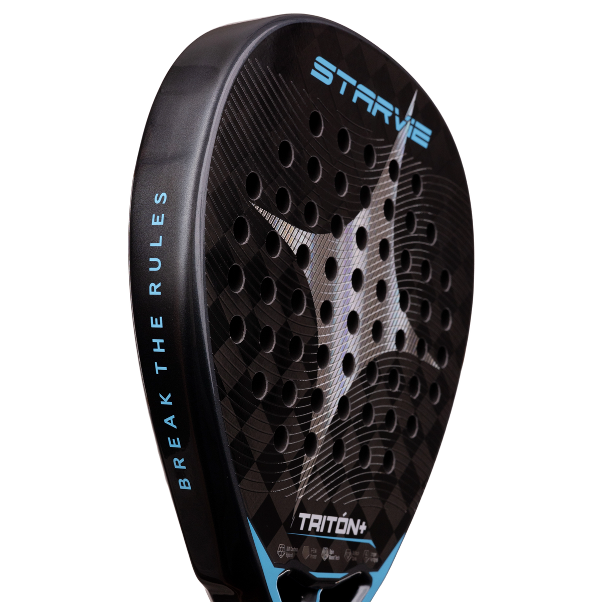 A close-up of the StarVie Triton Power+ racket face, showing the black textured surface, perforations, blue StarVie logo and graphic details.
