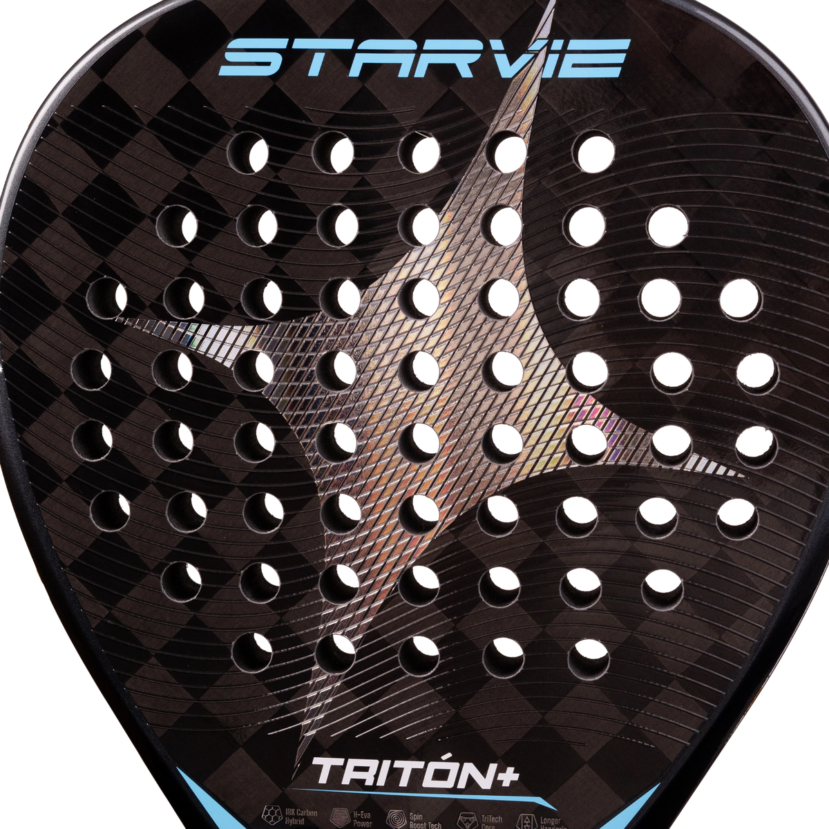 A side view of the StarVie Triton Power+ padel racket, showing the white outer frame, frame thickness and edge of the racket face.