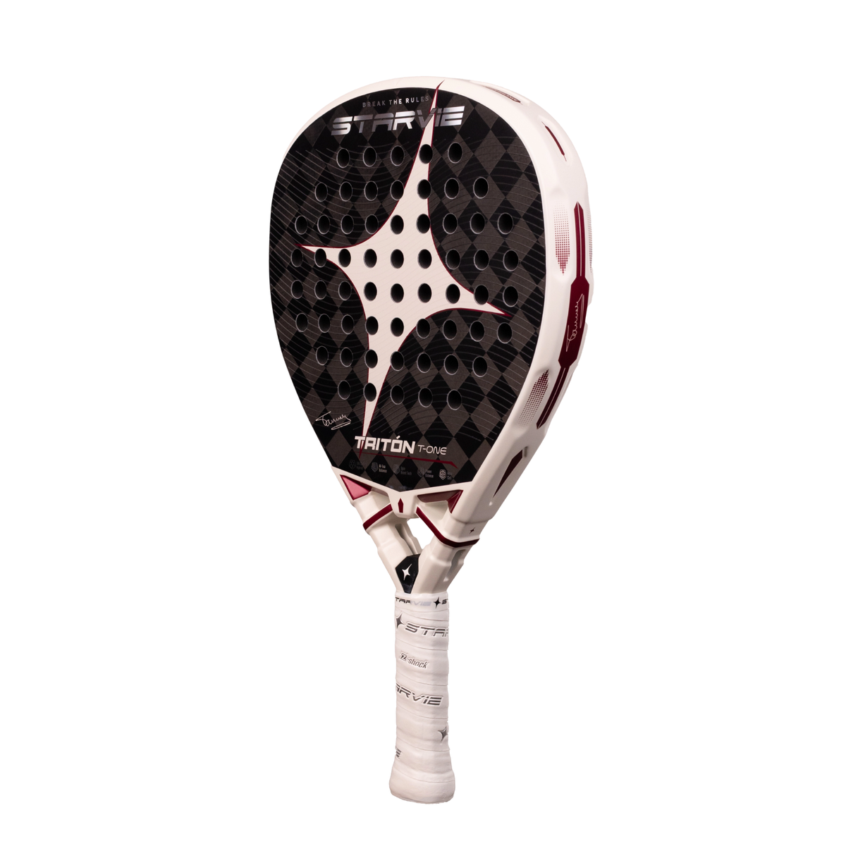 An angled front view of the StarVie Tritón T-One by Tamara Icardo padel racket, showing the racket face, outer frame and StarVie branding.