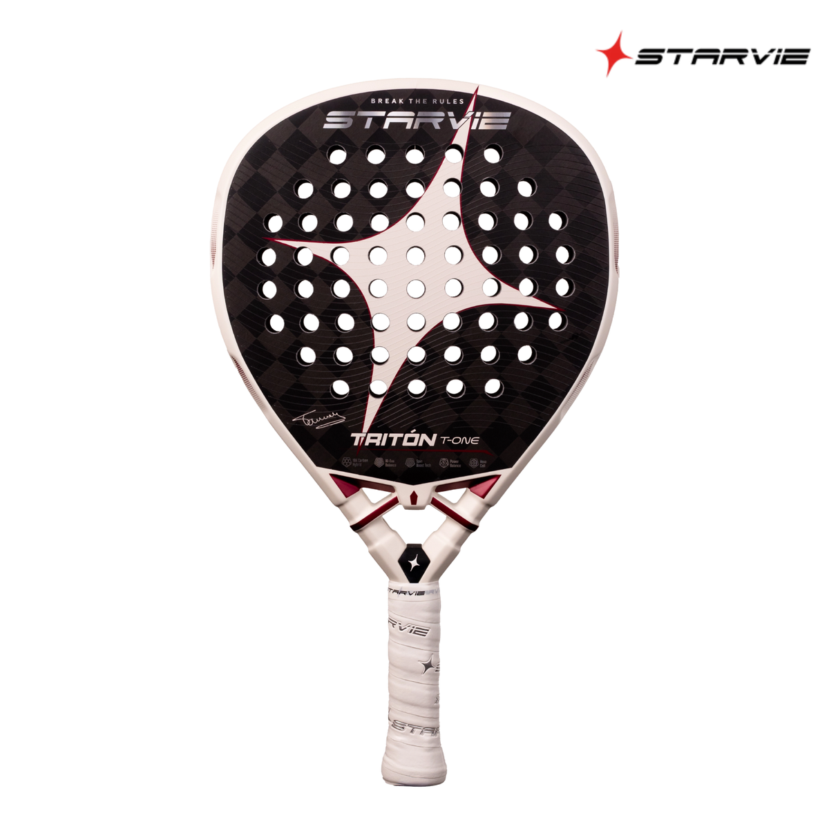 A front view of the StarVie Tritón T-One by Tamara Icardo padel racket, showing the racket face, perforations, StarVie logo and signature design.