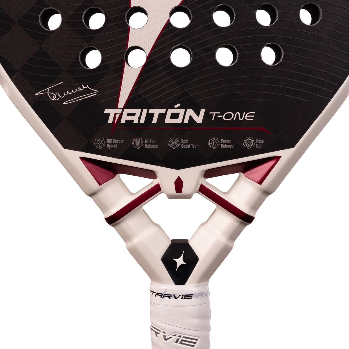 A close-up of the StarVie Tritón T-One racket face, showing the textured surface, perforations and graphic details.