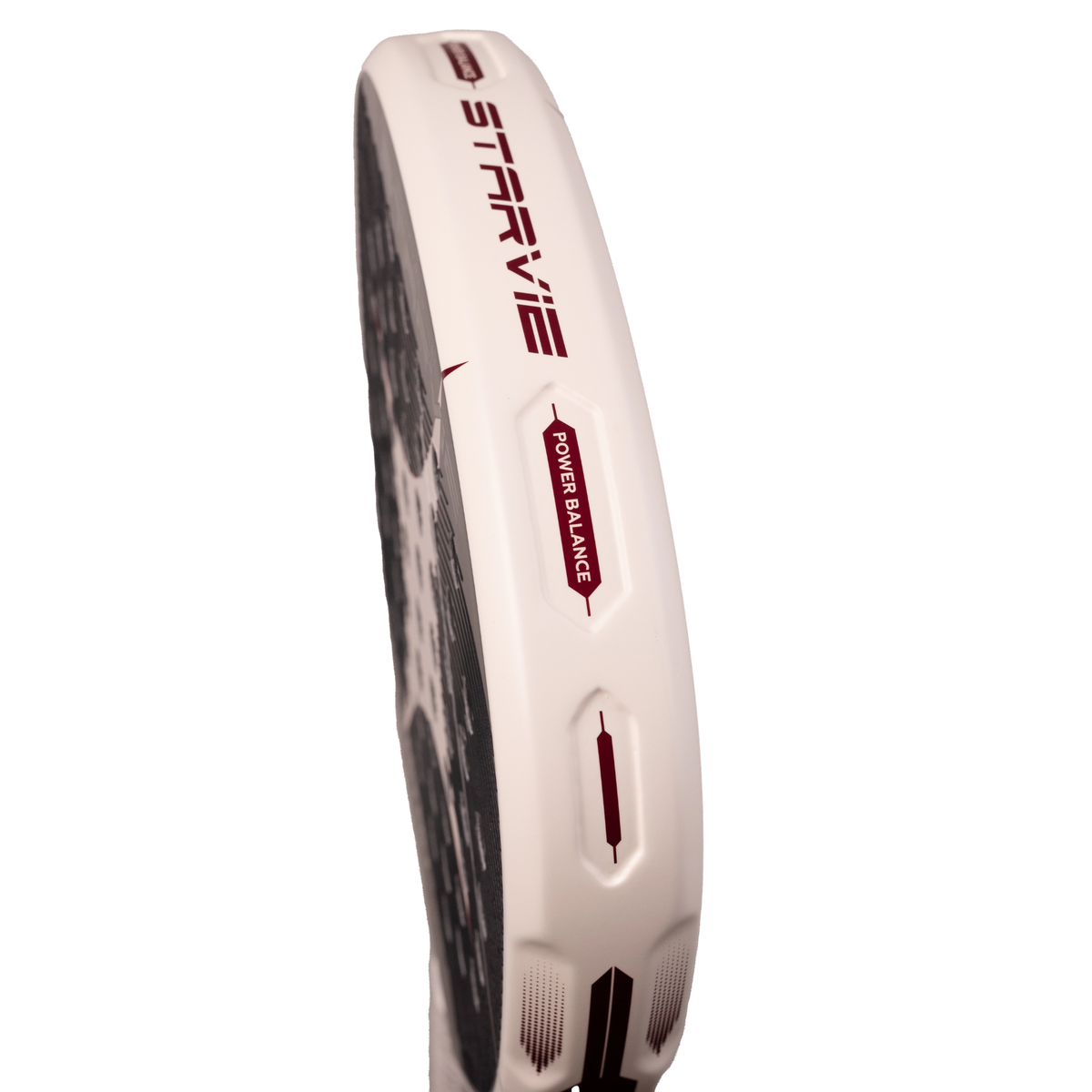 A side profile view of the StarVie Tritón T-One padel racket, showing the frame thickness, racket edge and handle.