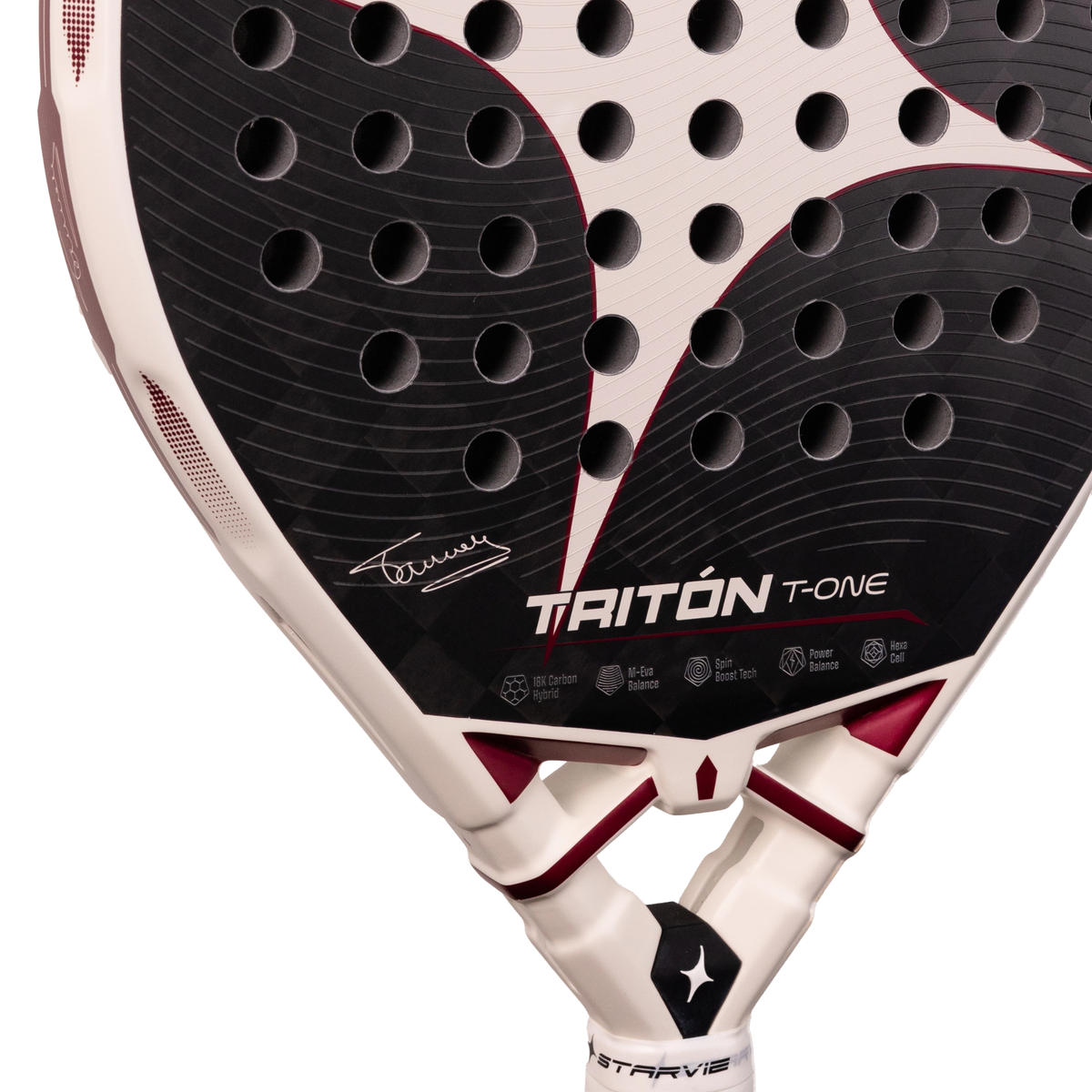 A close-up of the top frame of the StarVie Tritón T-One padel racket, showing the outer frame, racket surface and perforations.