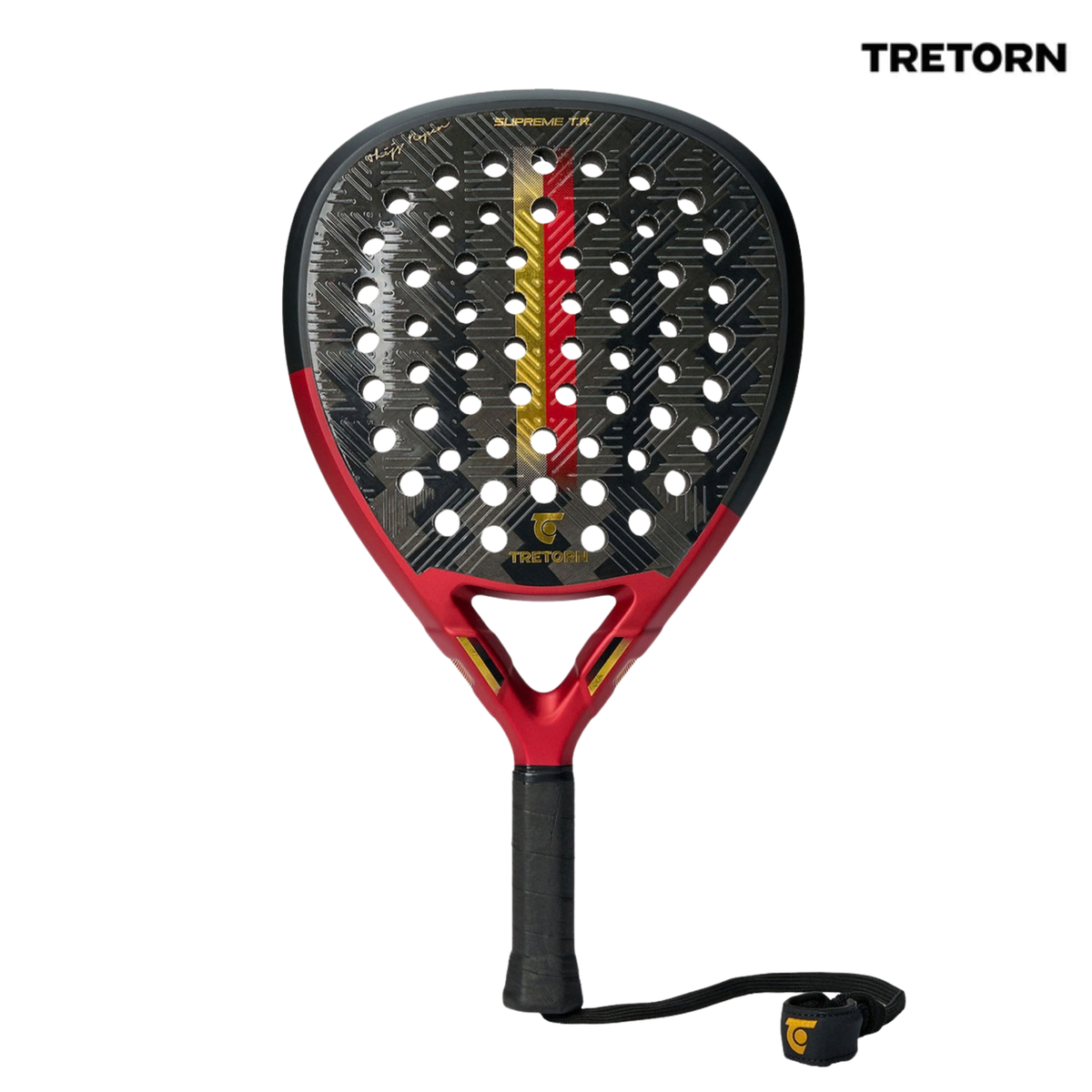 A front view of the Tretorn Supreme TR padel racket, showing the racket face, perforations and Tretorn branding.