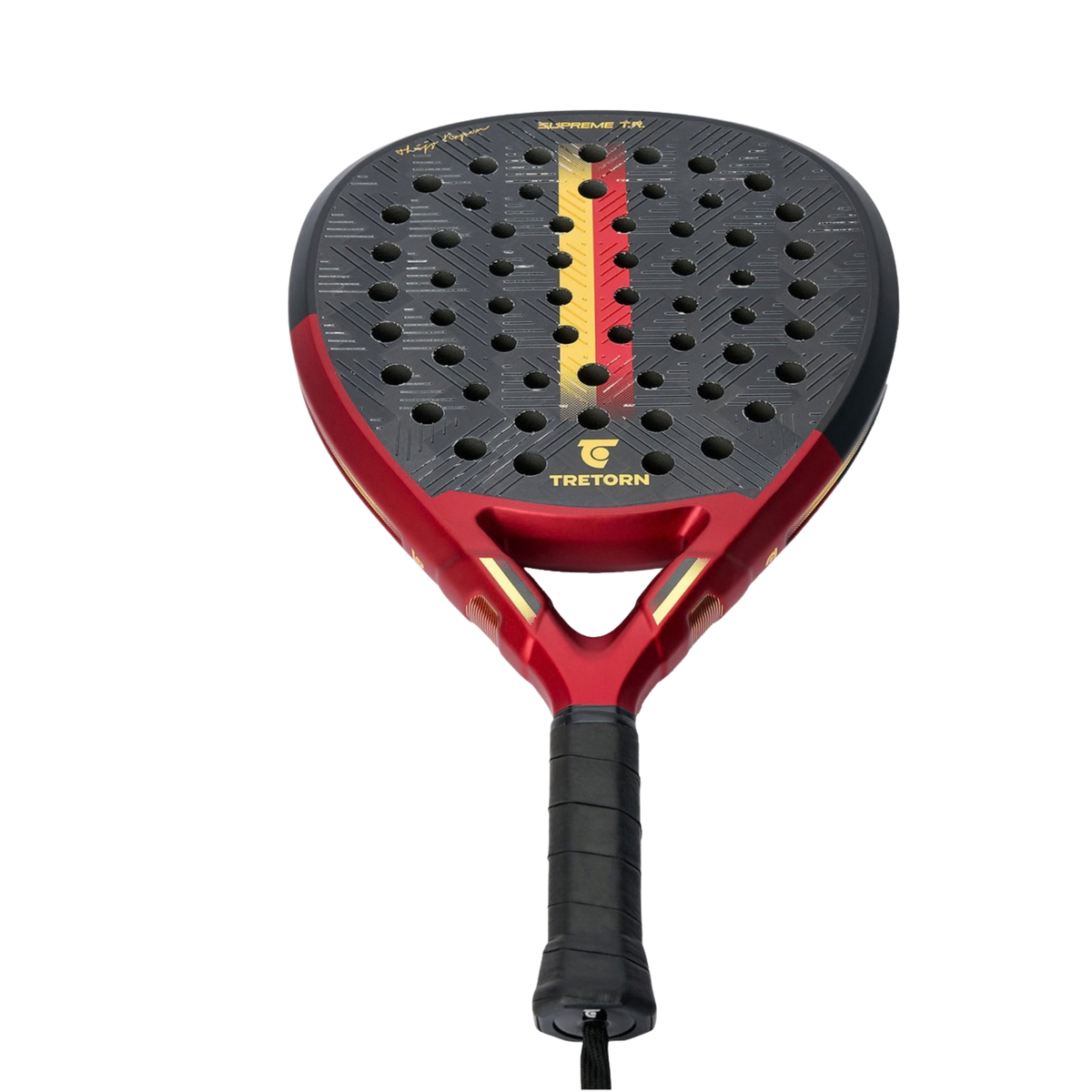 A close-up of the Tretorn Supreme TR padel racket, showing the racket face, perforations and graphic details.