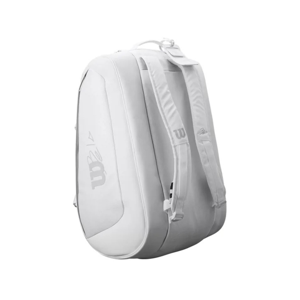 Back angled view of the white Wilson Bela padel bag featuring two adjustable padded shoulder straps.