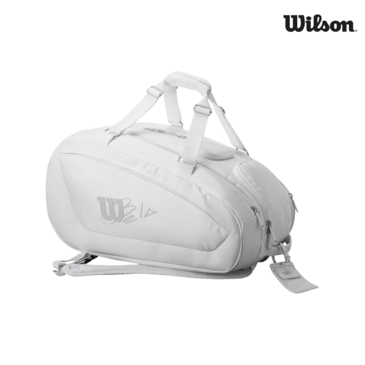 Front angled view of the white Wilson Bela padel bag featuring the Bela branding, carrying handles and Wilson logo in the top corner.