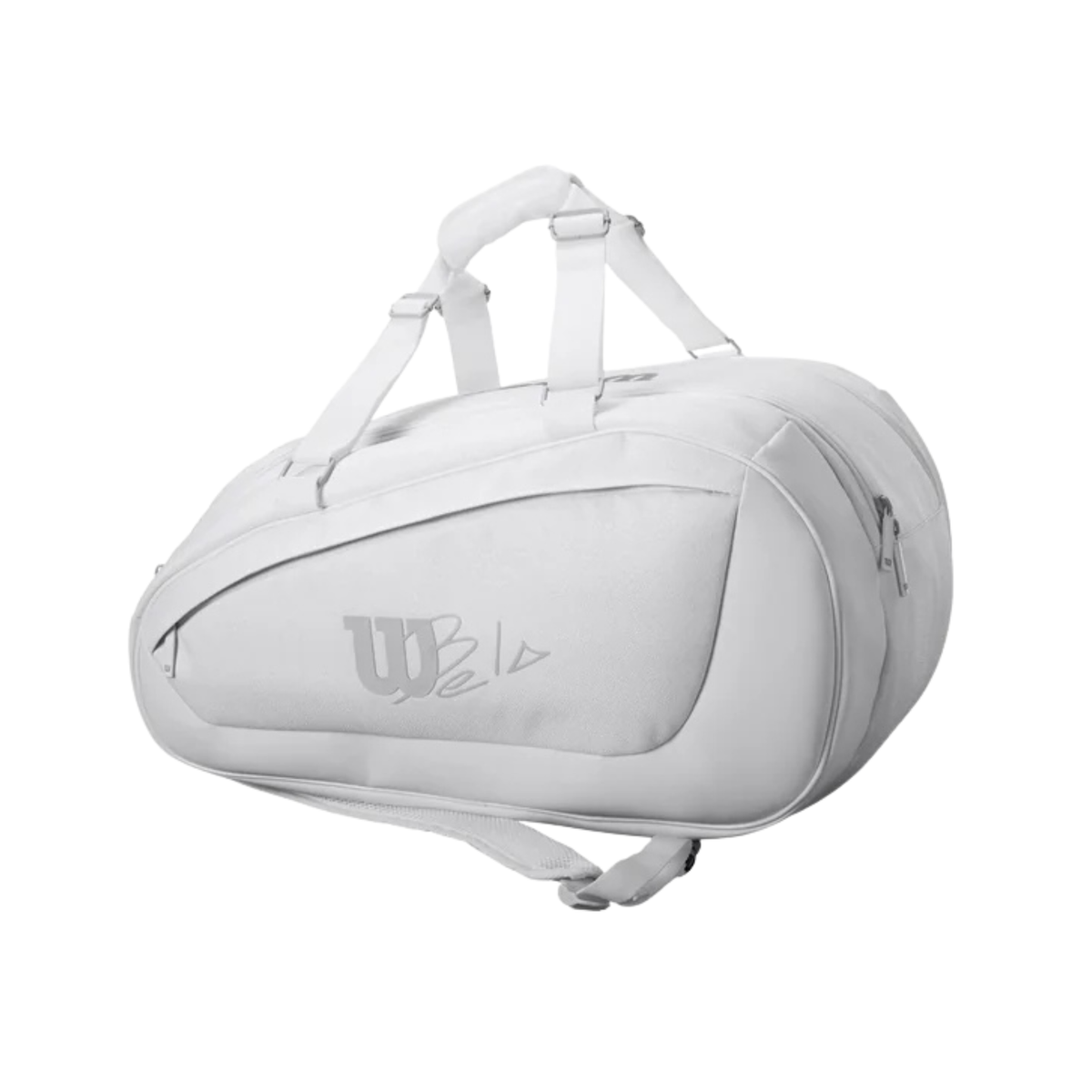 Opposite side angled view of the white Wilson Bela padel bag showing the side panel, carrying handles and zippered compartments.