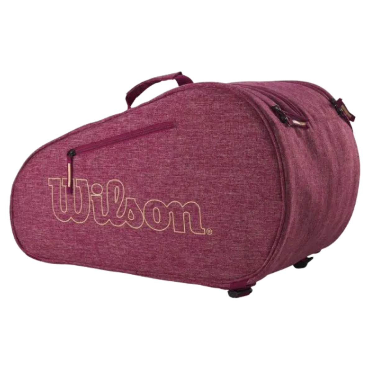 Angled view of the Wilson Red Heather padel bag showing the burgundy fabric, gold Wilson logo and zippered compartments.