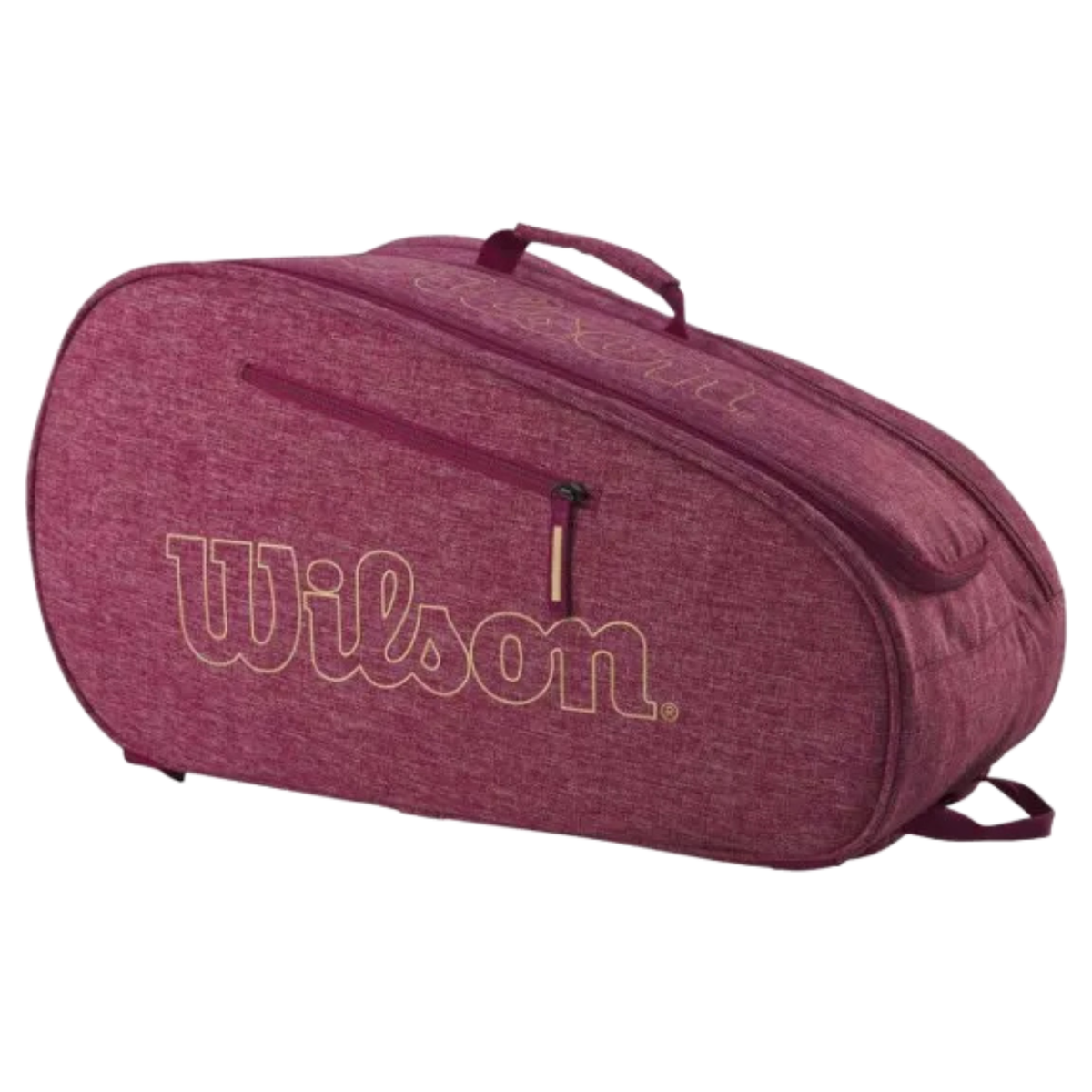 Front angled view of the Wilson Red Heather padel bag featuring a gold Wilson logo, front zipper pocket and carrying handle.