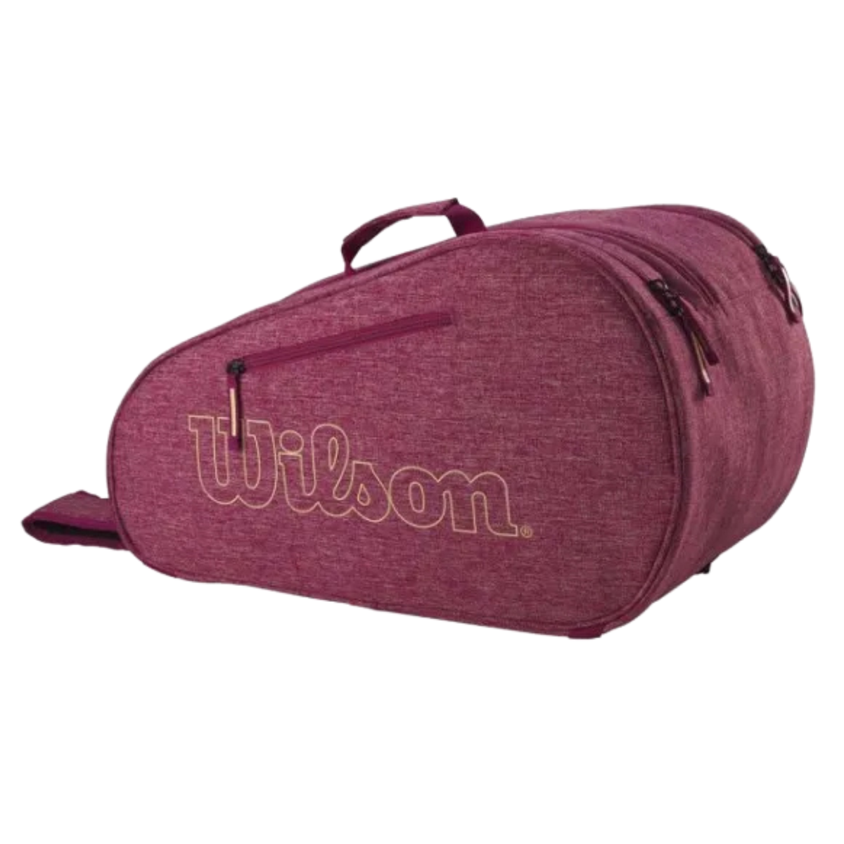 Side angled view of the Wilson Red Heather padel bag highlighting the front zipper pocket, main compartments and burgundy fabric.