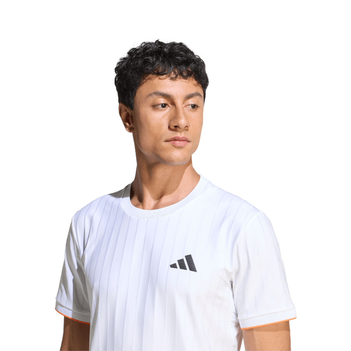Close-up of a male model wearing the adidas Climacool Freelift Pro T-Shirt White, showing the white shirt with subtle vertical stripe texture and black adidas logo on the chest.