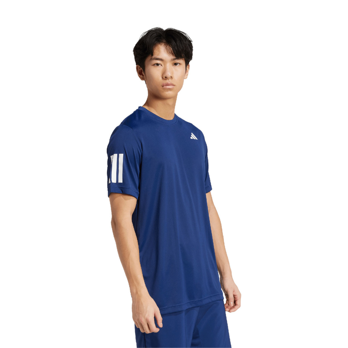 Male model wearing the adidas Club 3-Stripes Climacool T-Shirt Dark Blue, showing the dark blue athletic shirt with white 3-Stripes details on the sleeves.