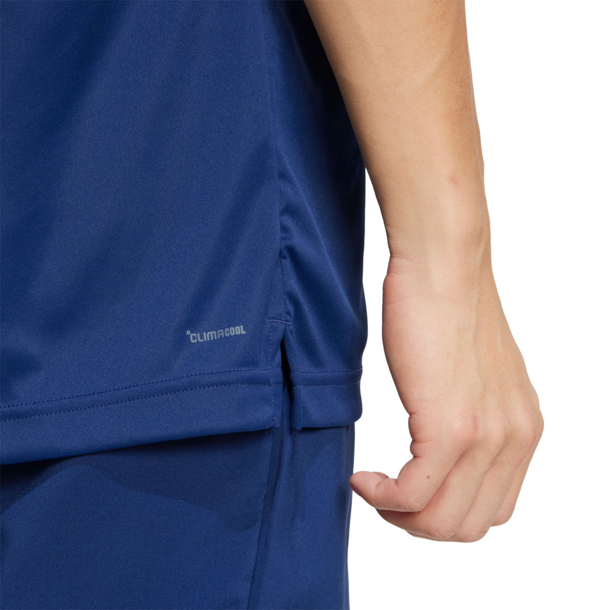 Close-up side view of the adidas Club 3-Stripes Climacool T-Shirt Dark Blue, showing the dark blue fabric, side seam and subtle Climacool detail near the lower hem.