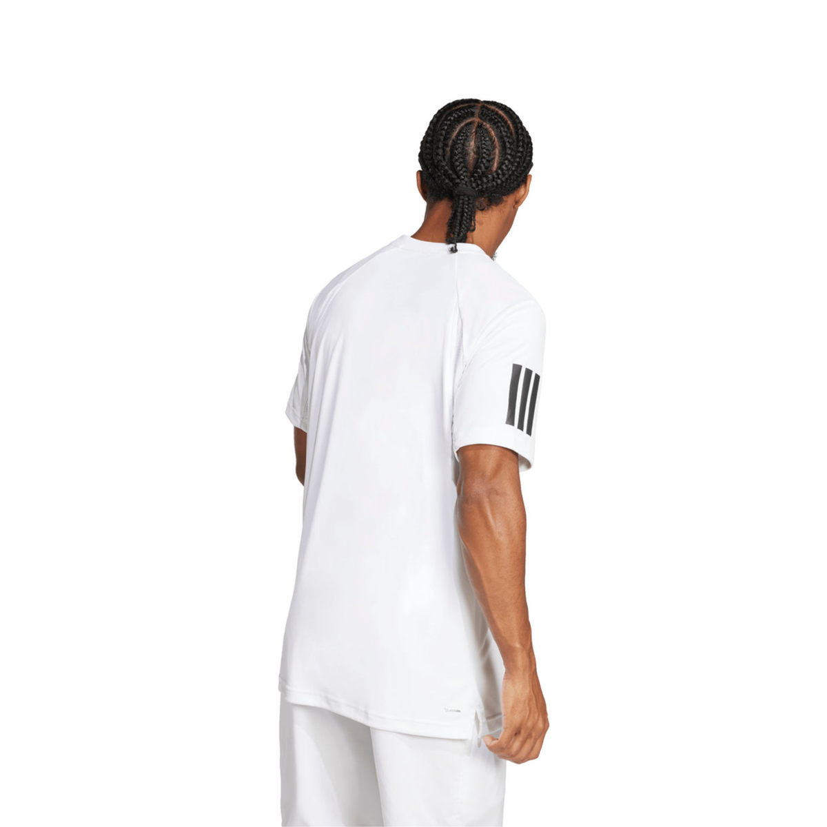 Back view of a male model wearing the adidas Club 3-Stripes Climacool T-Shirt White, showing the clean rear design and black 3-Stripes detail on the sleeve.
