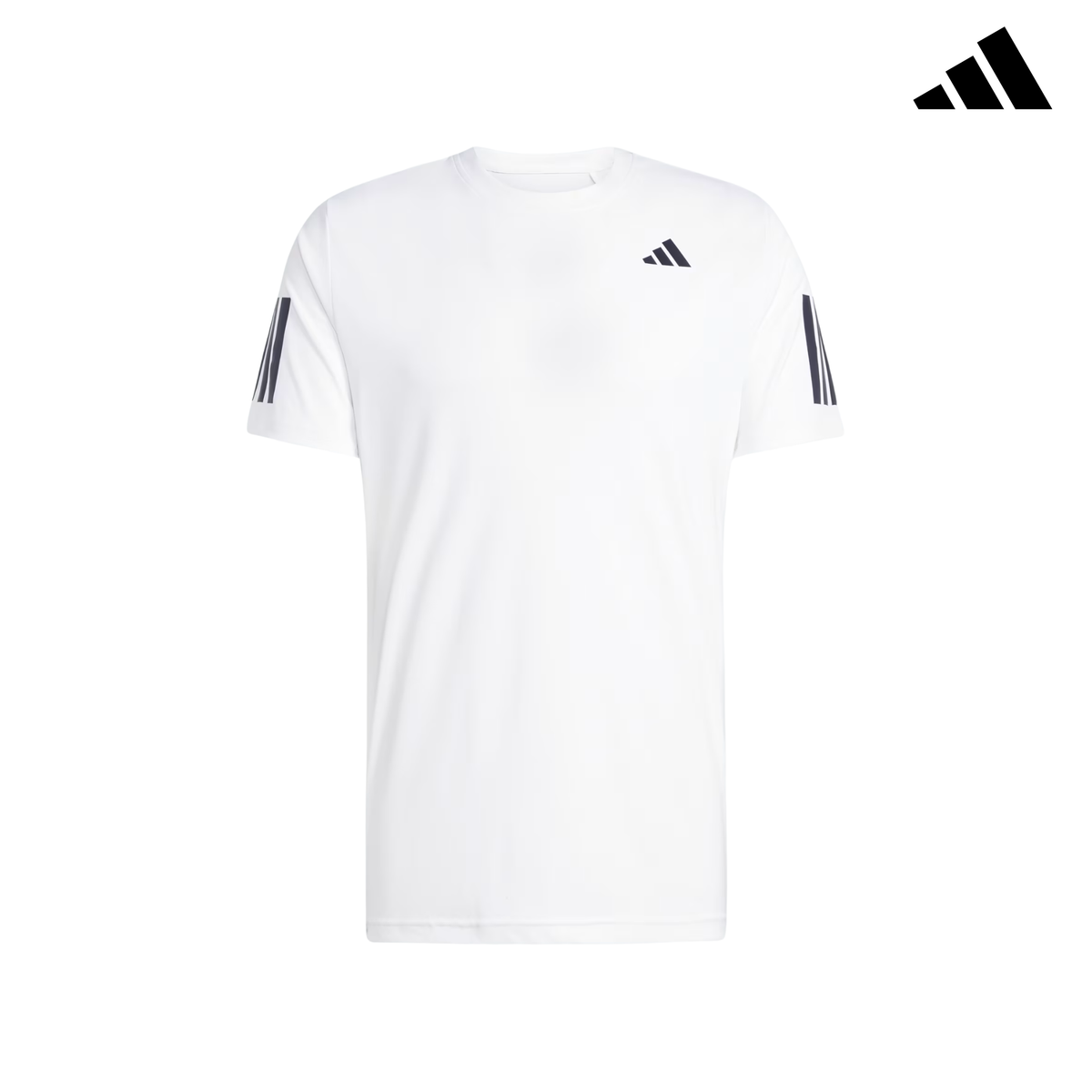 Branded front product image of the adidas Club 3-Stripes Climacool T-Shirt White, featuring a white performance tennis shirt with a black adidas chest logo, black 3-Stripes on both sleeves and an adidas logo in the top right corner.
