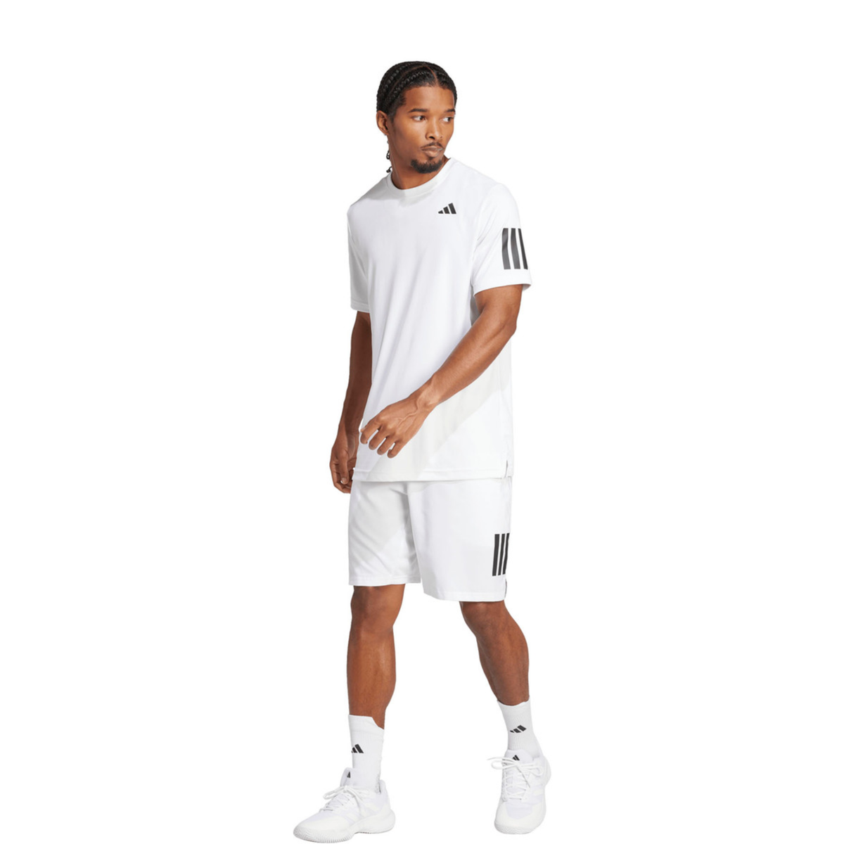 Full-body view of a male model wearing the adidas Club 3-Stripes Climacool T-Shirt White with matching white shorts, white socks and white adidas tennis shoes.