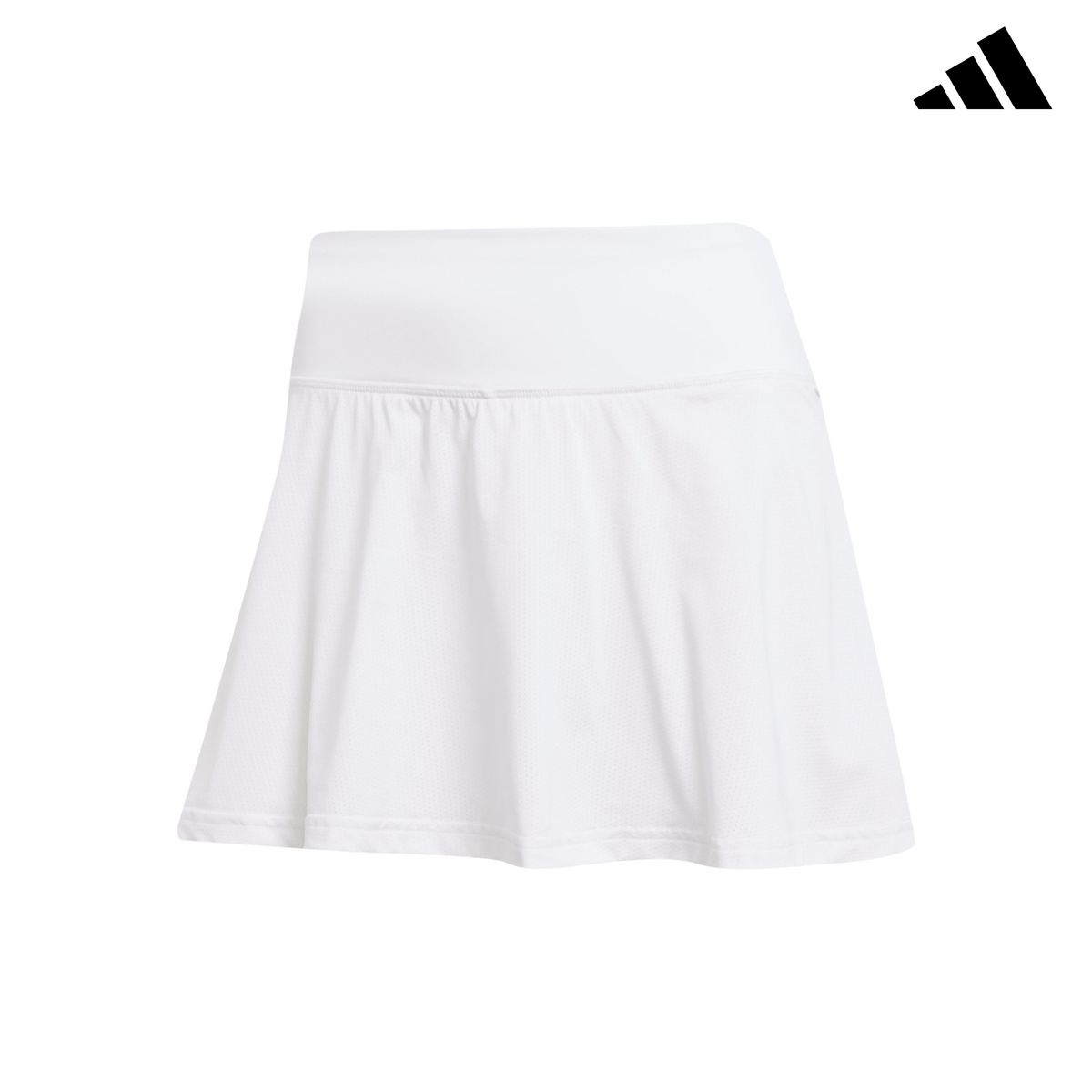 Adidas Club Climacool Skirt White shown from the front on a white background, featuring a clean white tennis skirt design with a wide waistband and the Adidas logo in the top right corner.