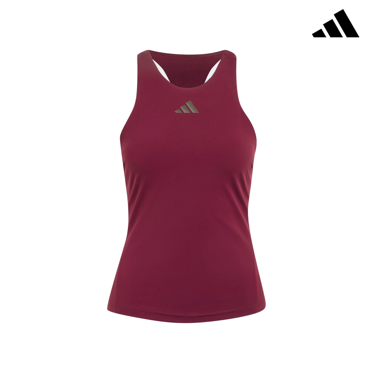 Branded front product image of the adidas Silver Y-Tank, featuring a sleeveless burgundy performance top with a silver adidas chest logo and an adidas logo in the top right corner.
