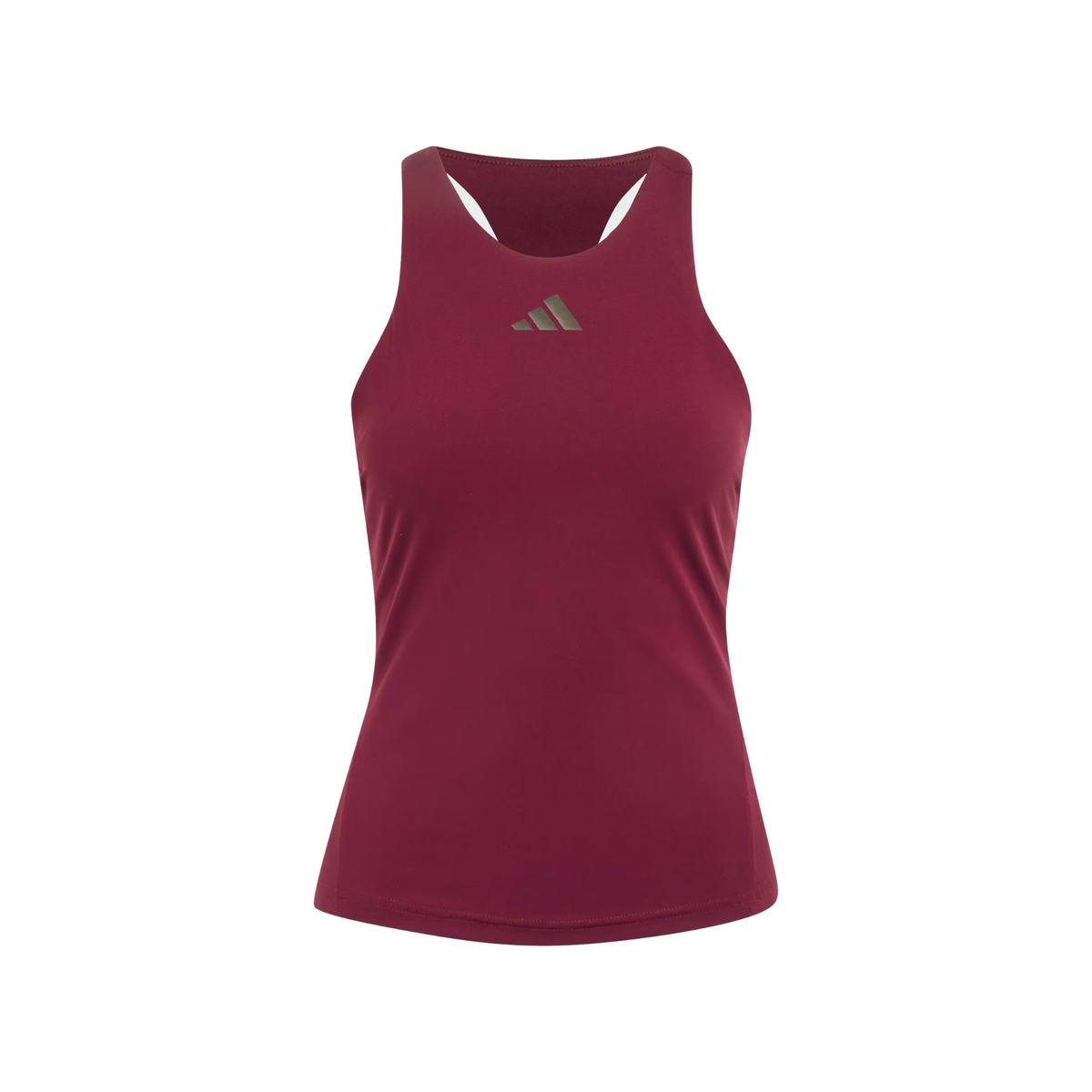 Front product image of the adidas Silver Y-Tank, showing a sleeveless burgundy performance top with a silver adidas chest logo.
