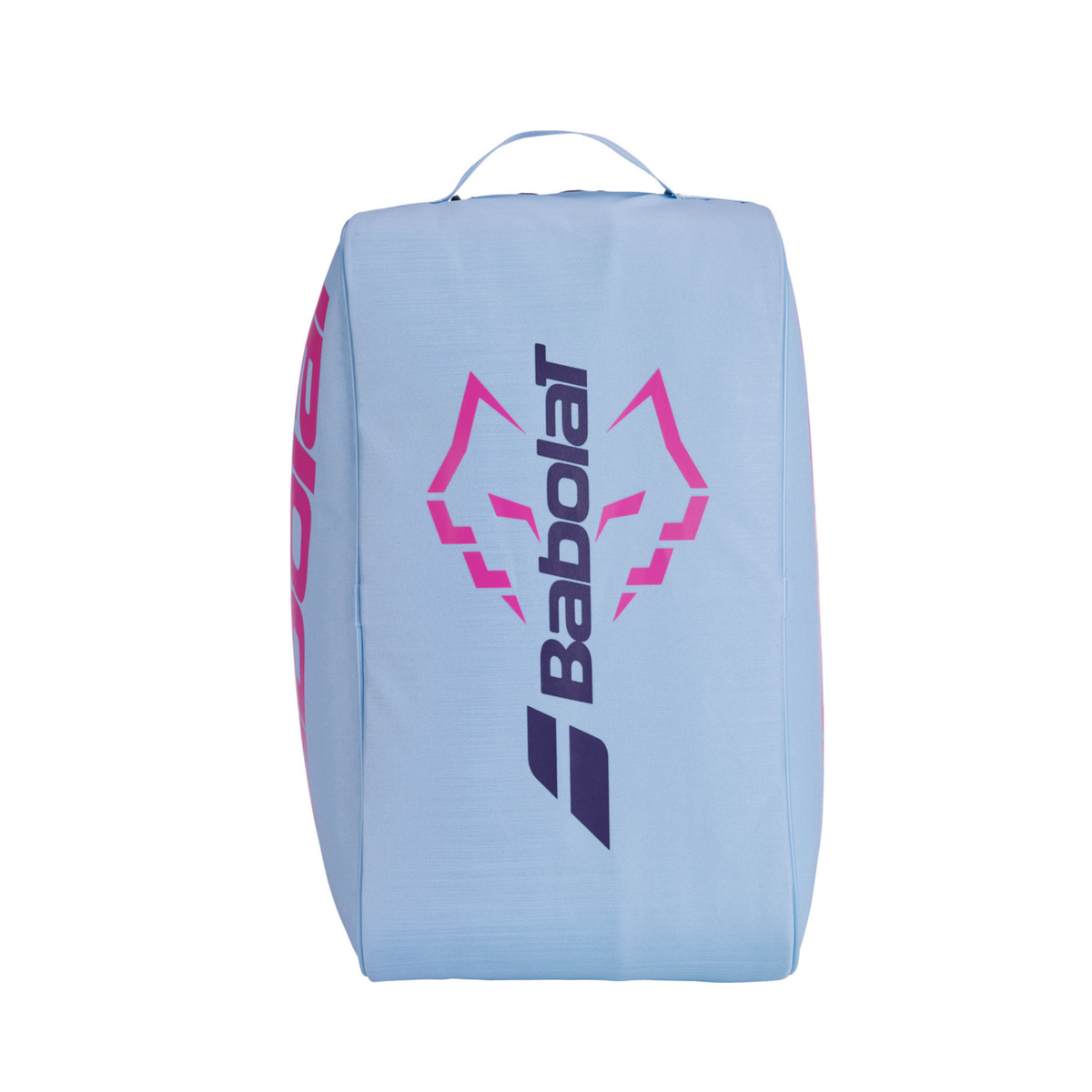 Back view of the Babolat Court S Juan Lebrón Padel Bag 2027, showing the light blue rear panel with large vertical Babolat branding and Juan Lebrón wolf graphic.