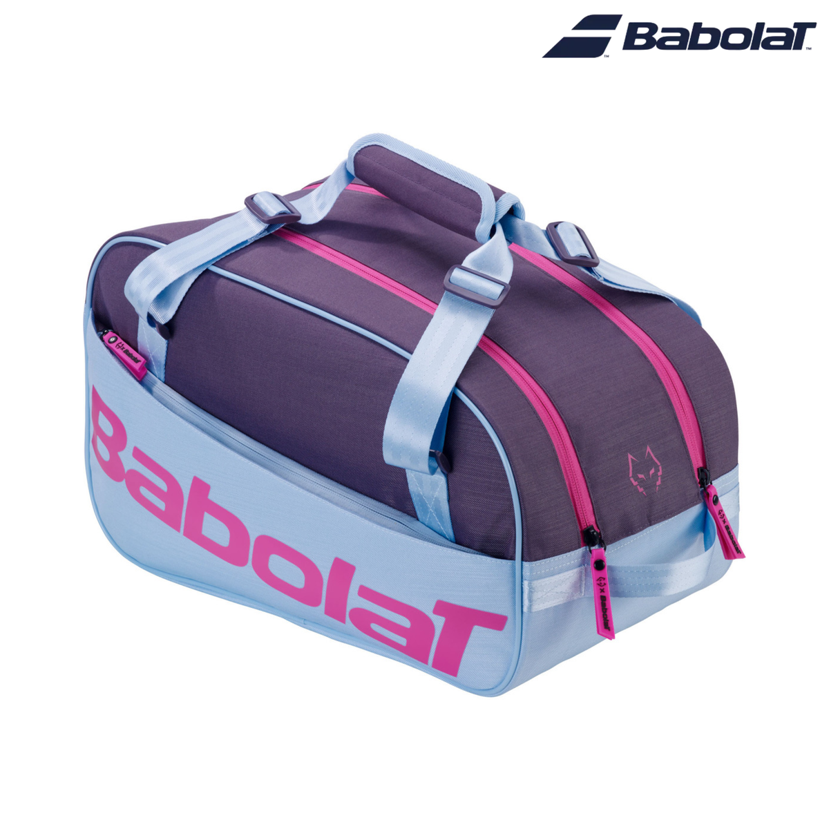 Front angled view of the Babolat Court S Juan Lebrón Padel Bag 2027 in purple and light blue, featuring bright pink zippers, large Babolat branding on the side and dual carry handles, with branded logo in the top right corner.