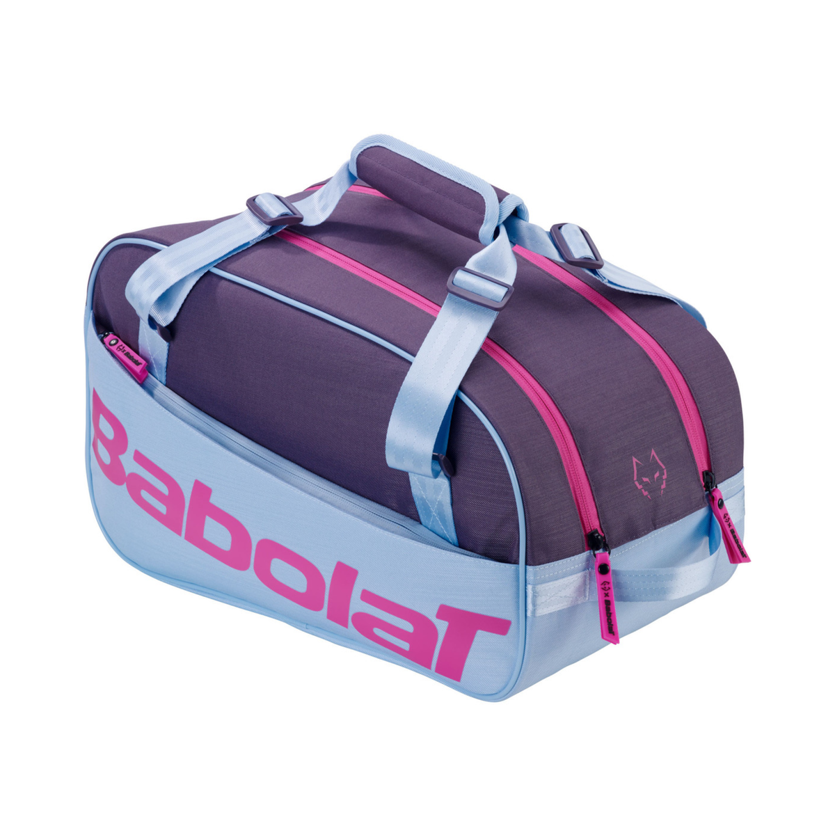 Front angled view of the Babolat Court S Juan Lebrón Padel Bag 2027 in purple and light blue, featuring bright pink zippers, large Babolat branding on the side and dual carry handles.