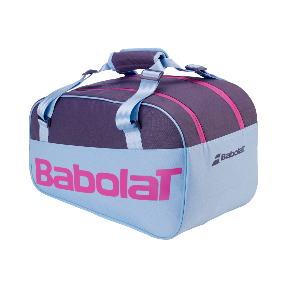 Side angled view of the Babolat Court S Juan Lebrón Padel Bag 2027, showing the compact shape, light blue side panel, purple upper section and pink Babolat logo.