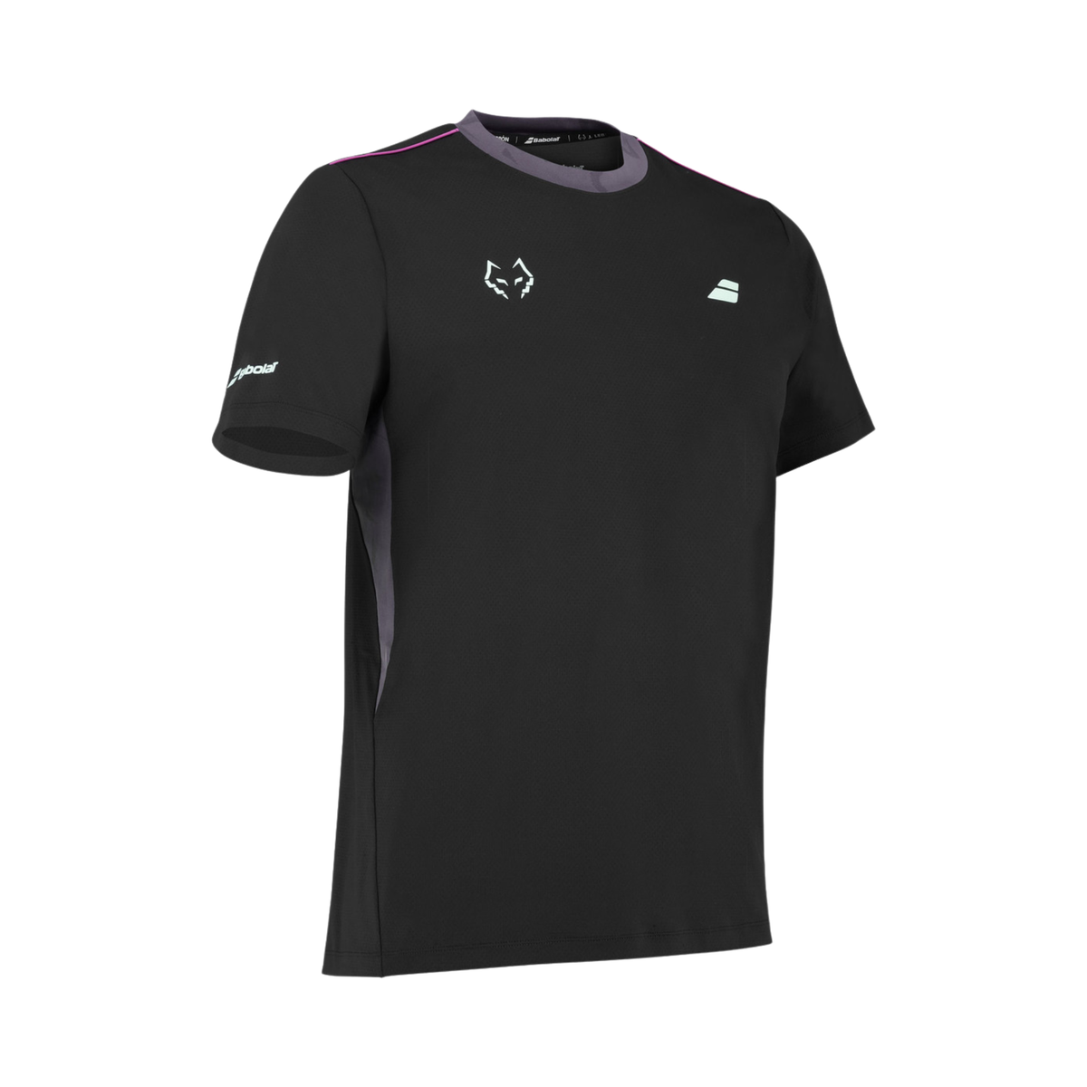 Angled front view of the Babolat Crew Neck Tee Lebron Men Black 2027, showing the black fabric, purple collar and shoulder accents, light blue chest logos and Babolat branding on the sleeve.