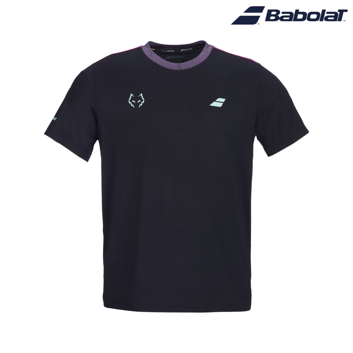 Babolat Crew Neck Tee Lebron Men Black 2027 shown from the front on a white background, featuring a black short-sleeve design, purple crew neck collar, subtle purple shoulder accents and light blue Babolat and Juan Lebron logos on the chest, with the Babolat logo in the top right corner.