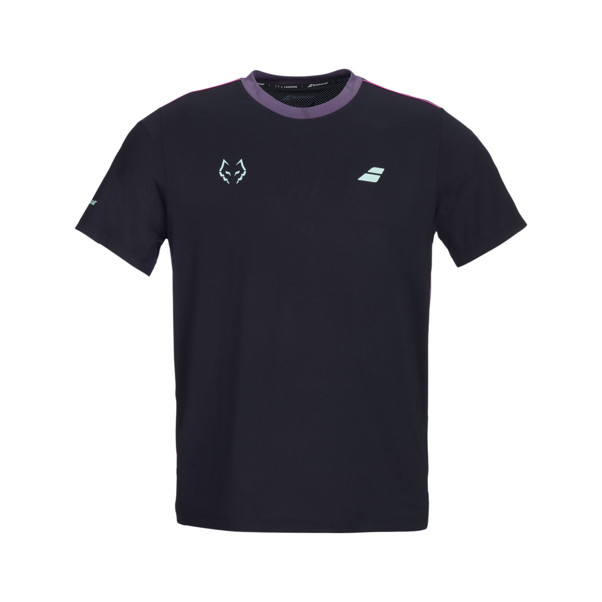 Front view of the Babolat Crew Neck Tee Lebron Men Black 2027, showing the black short-sleeve shirt, purple collar, subtle purple shoulder details and light blue Babolat and Juan Lebron logos on the chest.
