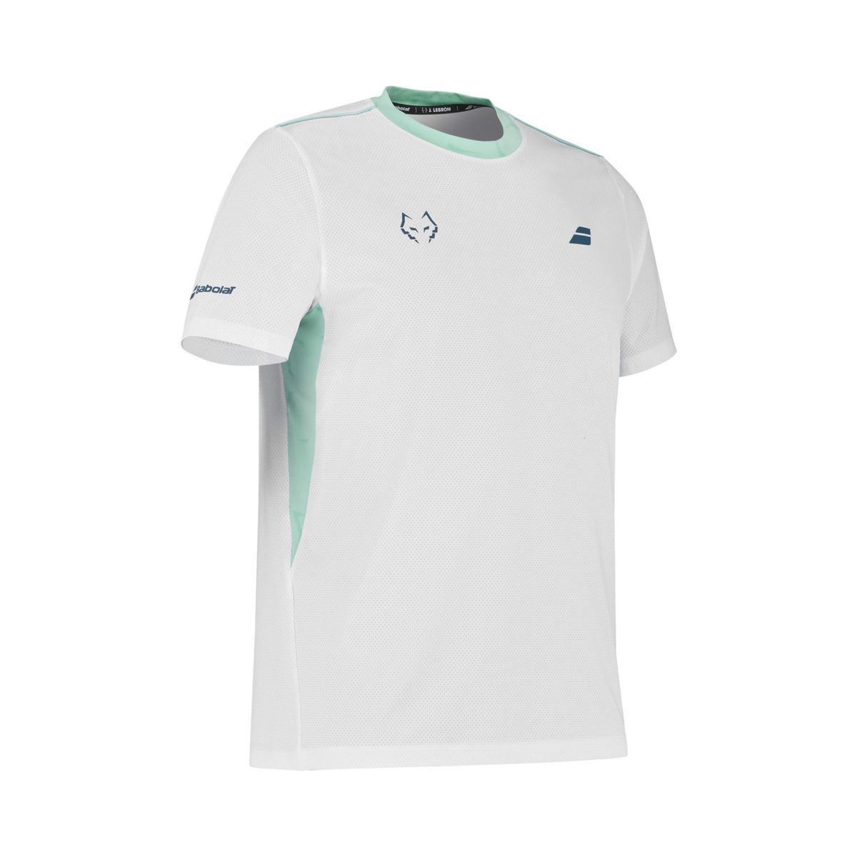 Angled front view of the Babolat Crew Neck Tee Lebron Men White 2027, showing the white fabric, light turquoise collar and side panels, dark blue chest logos and Babolat branding on the sleeve.