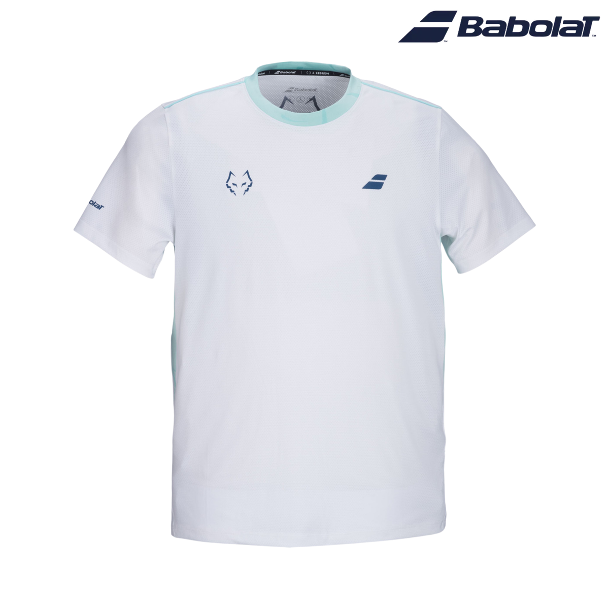 Babolat Crew Neck Tee Lebron Men White 2027 shown from the front on a white background, featuring a white short-sleeve design, light turquoise collar and side accents, dark blue Babolat and Juan Lebron logos on the chest, with the Babolat logo in the top right corner.