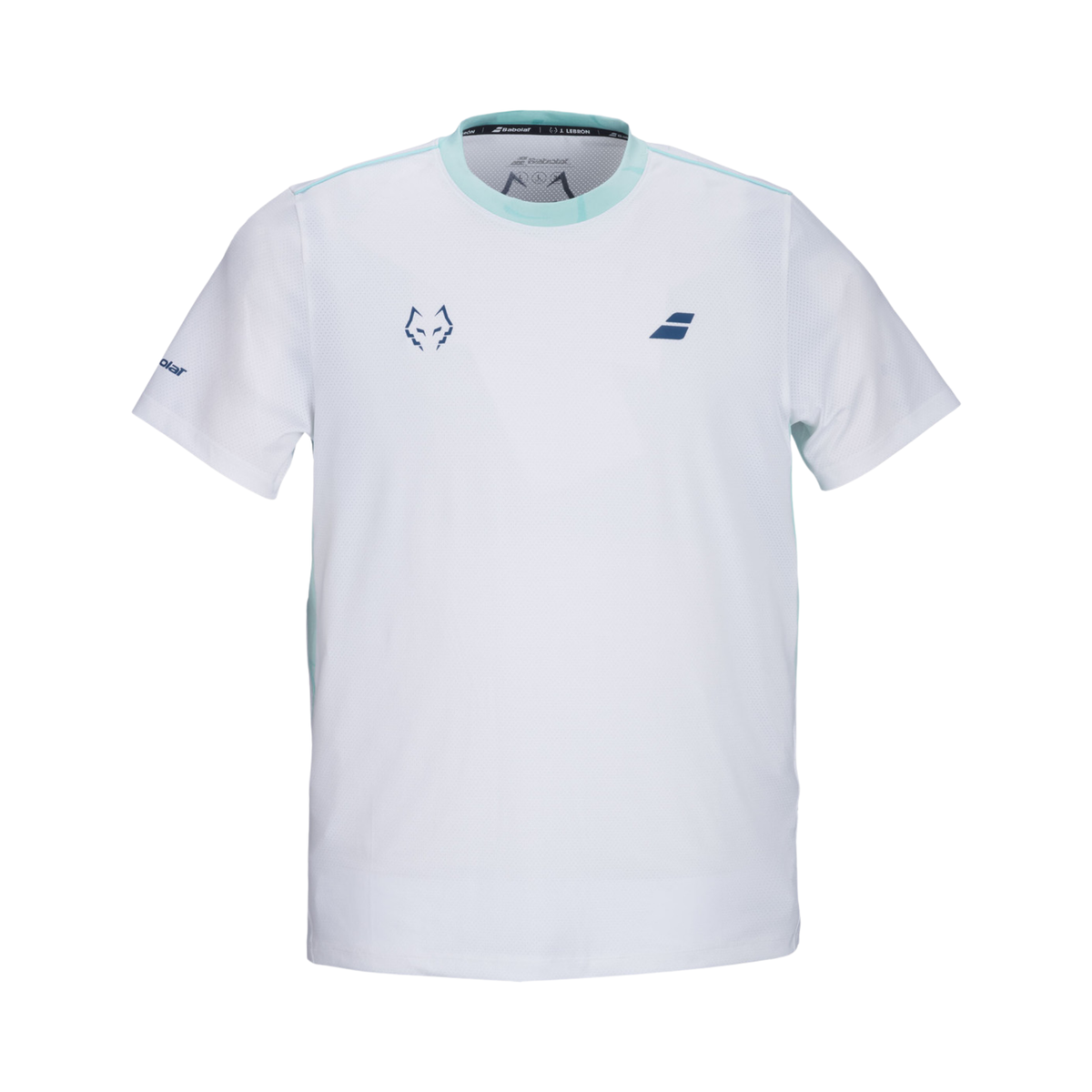 Front view of the Babolat Crew Neck Tee Lebron Men White 2027, showing the white short-sleeve shirt, light turquoise collar and side details, with dark blue Babolat and Juan Lebron logos on the chest.