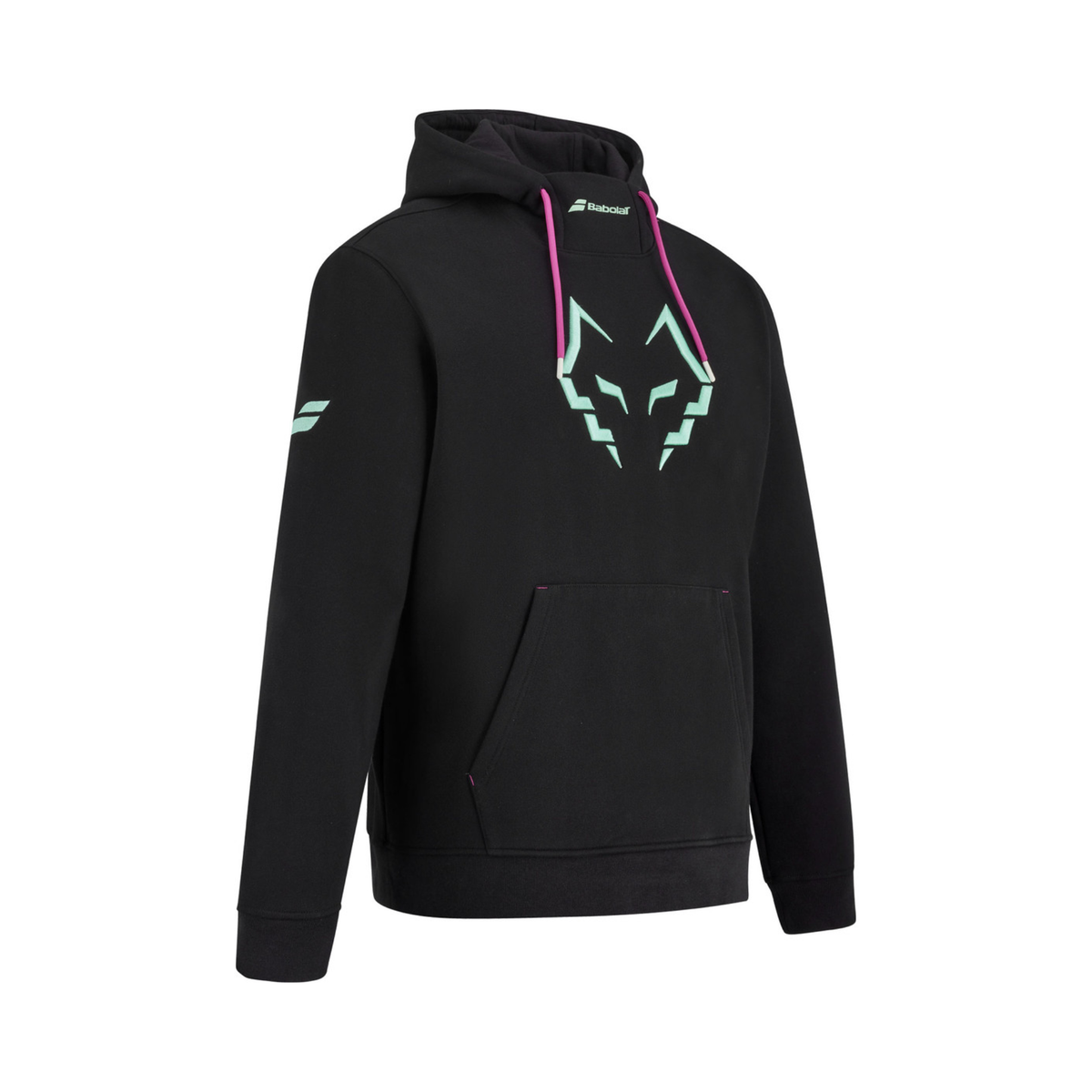 Angled front view of the Babolat Hoodie Sweat Lebron Men 2027, showing the black fabric, hood, pink drawstrings, large chest logo and light blue branding on the sleeve.