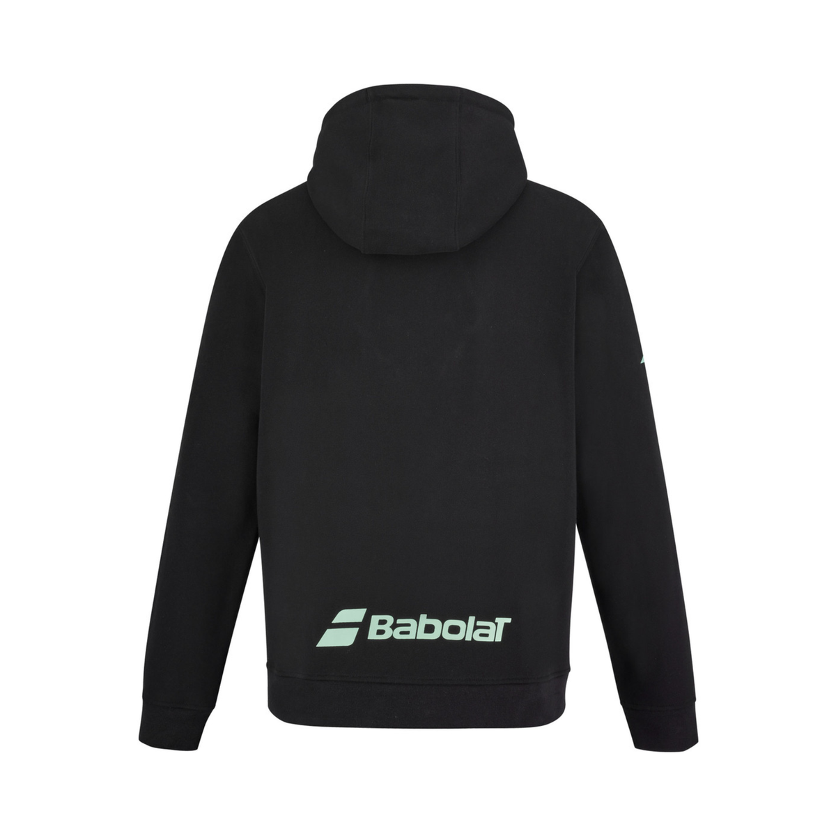 Back view of the Babolat Hoodie Sweat Lebron Men 2027, showing the plain black hooded design with light blue Babolat branding near the lower back.