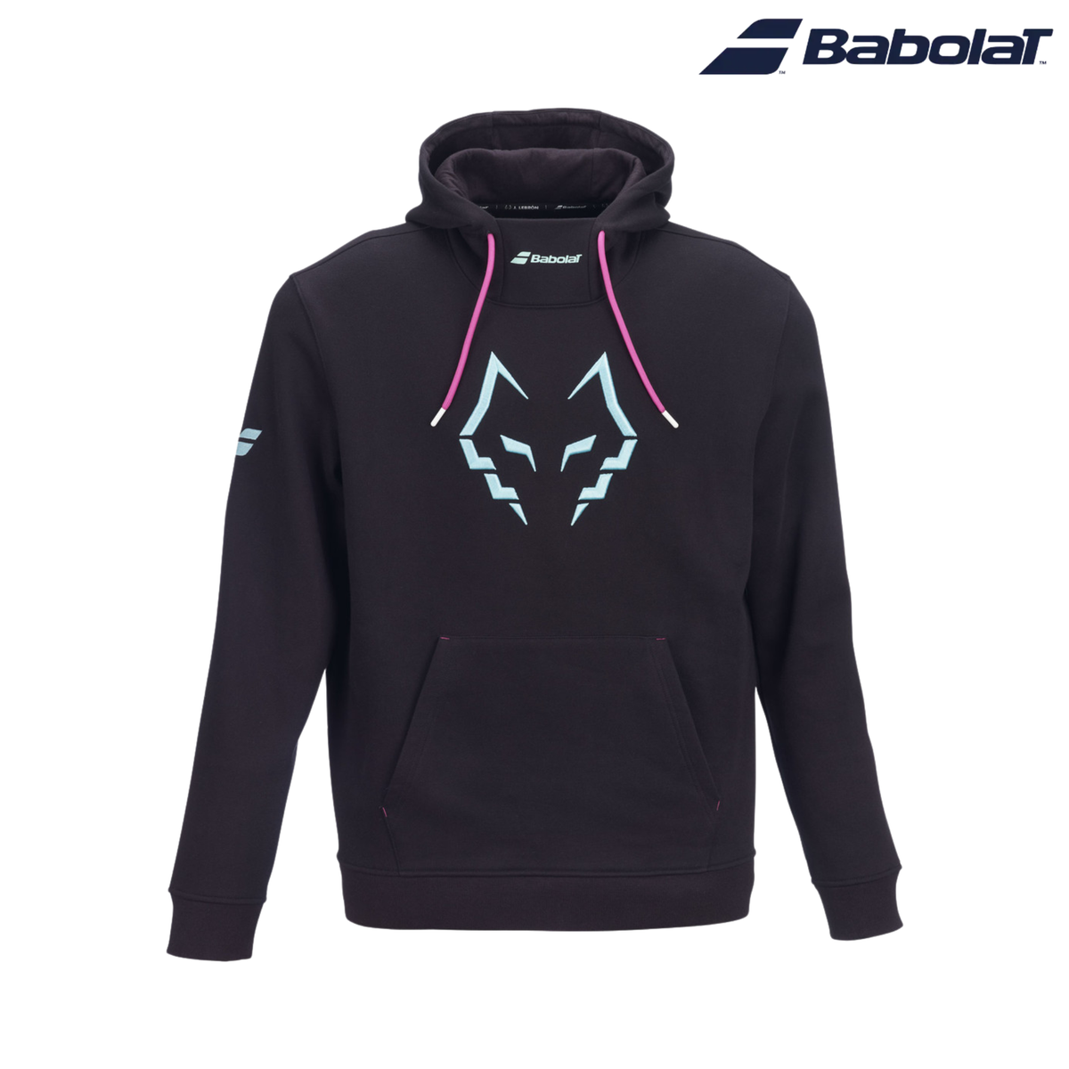 Babolat Hoodie Sweat Lebron Men 2027 shown from the front on a light background, featuring a black hooded design, light blue Babolat branding, a large light blue Juan Lebron wolf logo on the chest, pink drawstrings and the Babolat logo in the top right corner.