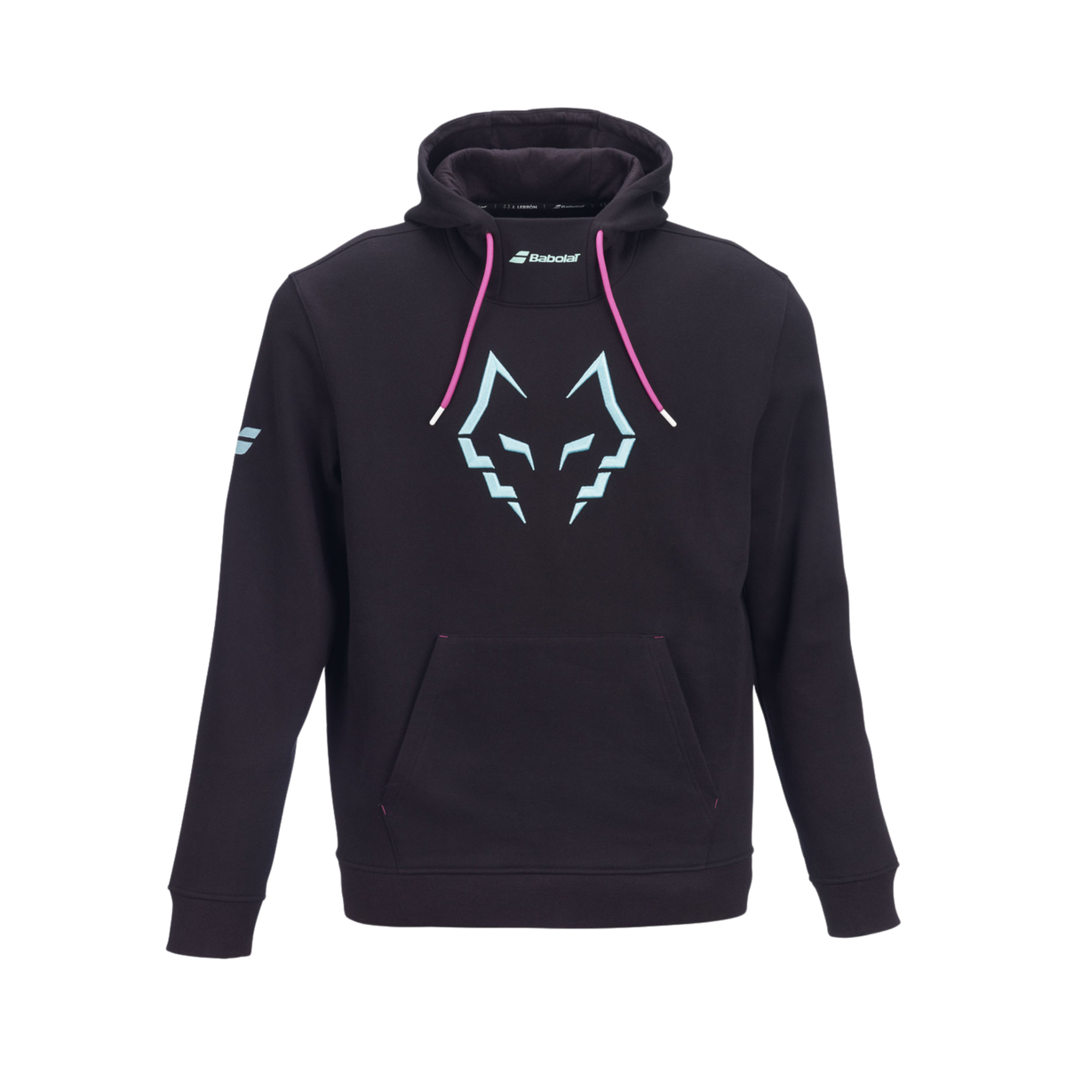Front view of the Babolat Hoodie Sweat Lebron Men 2027, showing the black hoodie, large light blue Juan Lebron wolf logo on the chest, light blue Babolat branding, pink drawstrings and a front kangaroo pocket.