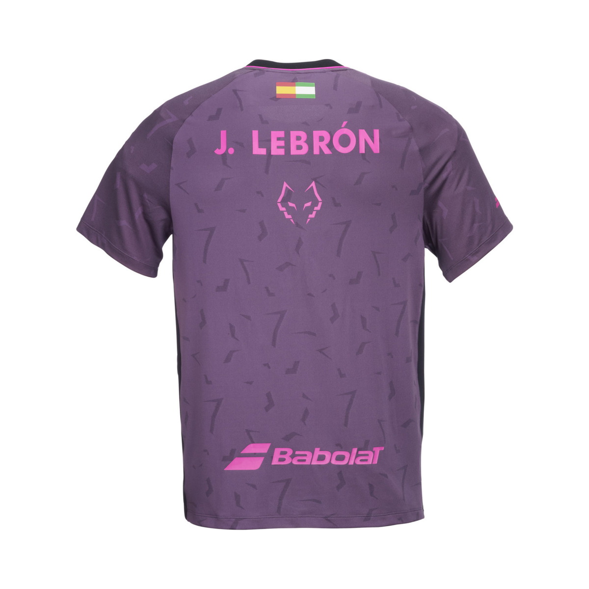 Back view of the Babolat Juan Lebrón Replica Tee, showing the purple design with tonal pattern, large pink J. Lebrón text across the upper back, a pink wolf logo and pink Babolat branding near the lower back.