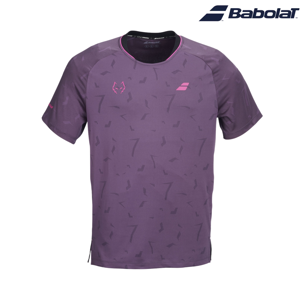 Babolat Juan Lebrón Replica Tee shown from the front on a light background, featuring a purple short-sleeve design with an all-over tonal graphic pattern, pink Babolat and Juan Lebrón logos on the chest, and the Babolat logo in the top right corner.