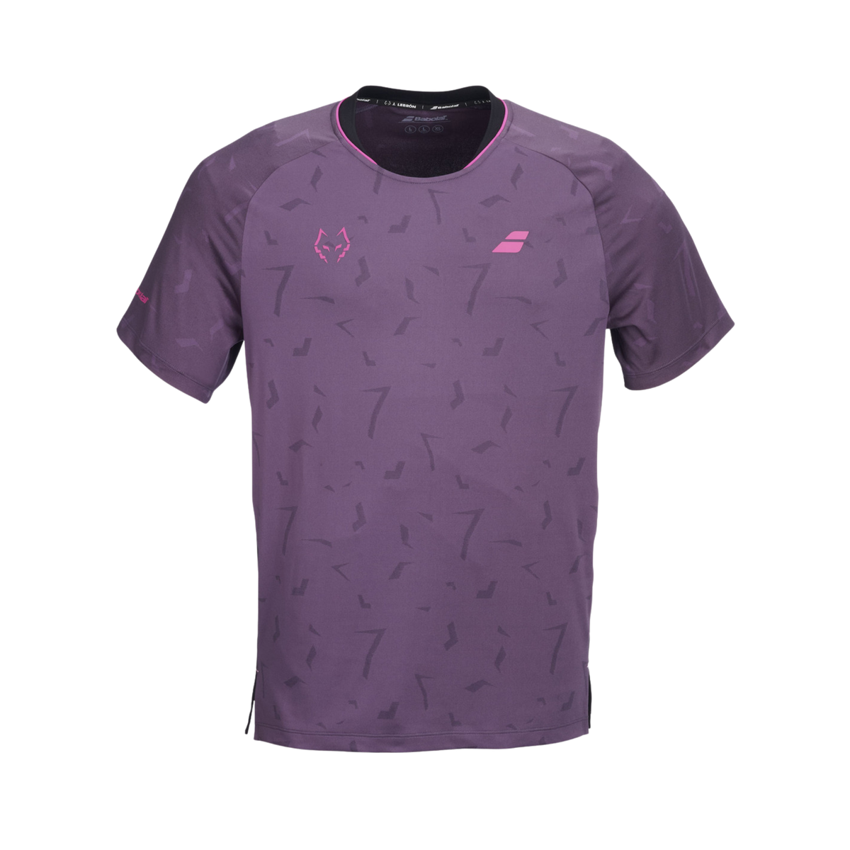 Front view of the Babolat Juan Lebrón Replica Tee, showing the purple short-sleeve shirt, tonal all-over graphic pattern, pink Babolat logo and pink Juan Lebrón wolf logo on the chest.