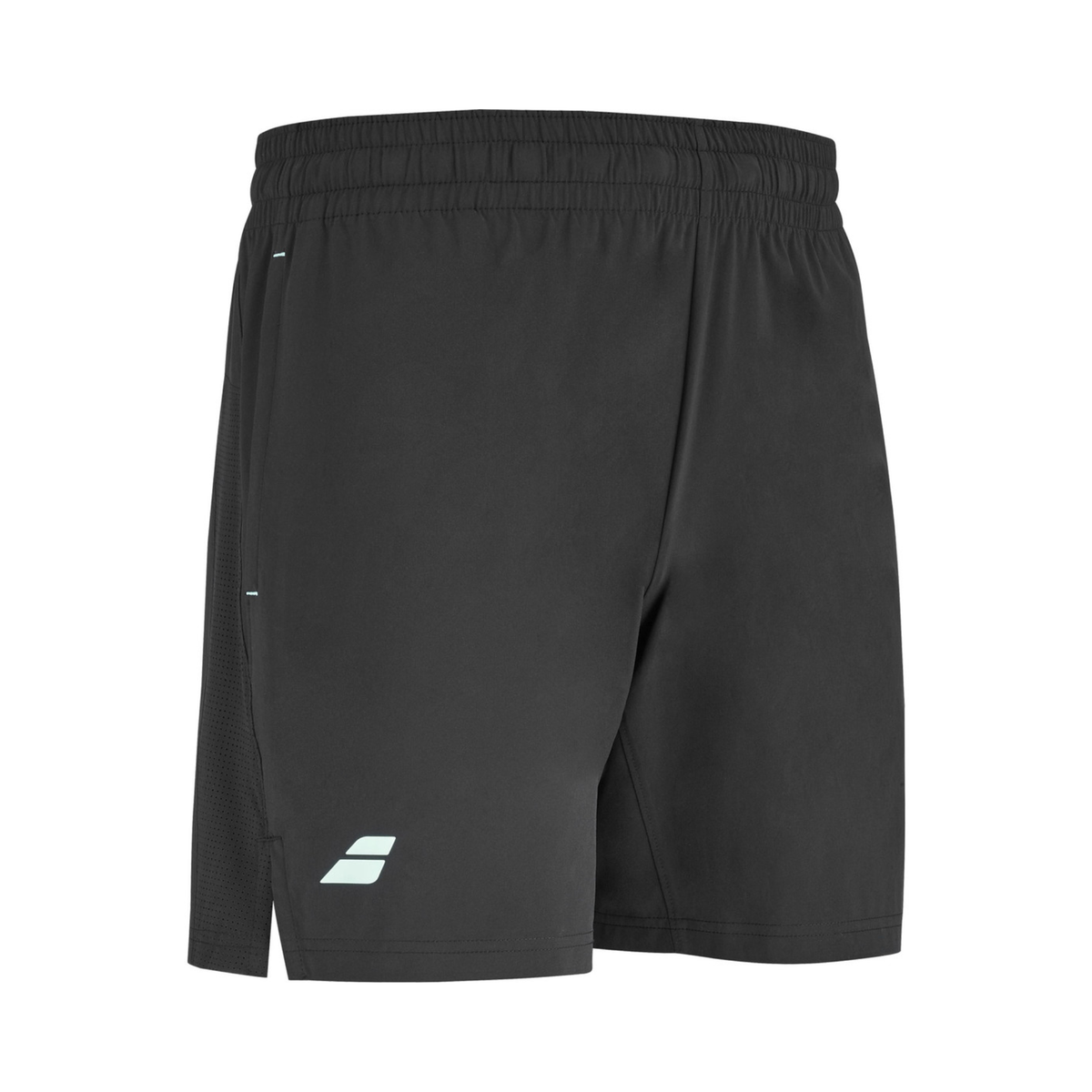 Angled front view of the Babolat Juan Lebrón Short Black 2027, showing the black fabric, athletic fit, side slit detail and light blue Babolat branding on the leg.