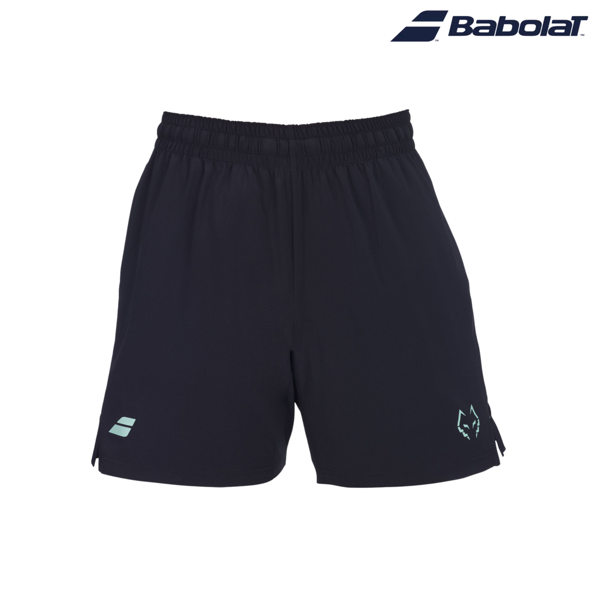 Babolat Juan Lebrón Short Black 2027 shown from the front on a light background, featuring a black athletic short with an elastic waistband, light blue Babolat logo on the left leg and light blue Juan Lebrón wolf logo on the right leg, with the Babolat logo in the top right corner.