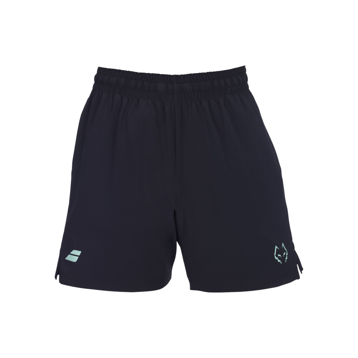 Front view of the Babolat Juan Lebrón Short Black 2027, showing the black athletic shorts, elastic waistband, light blue Babolat logo on the left leg and light blue Juan Lebrón wolf logo on the right leg.