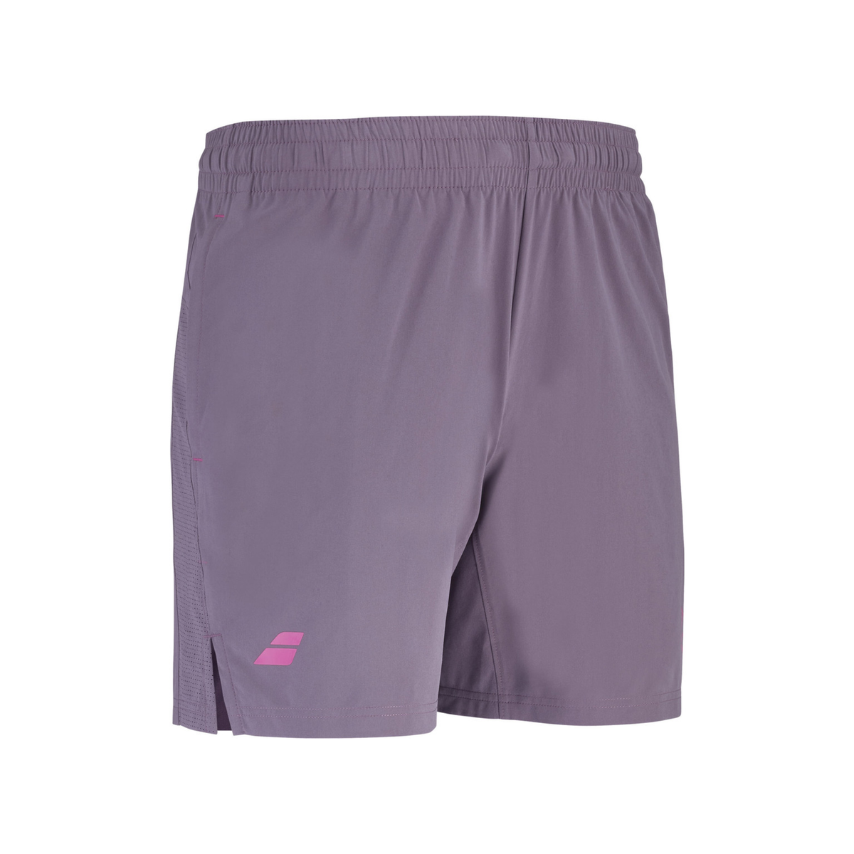 Angled front view of the Babolat Juan Lebrón Short Purple 2027, showing the purple fabric, athletic fit, side slit detail and pink Babolat branding on the leg.