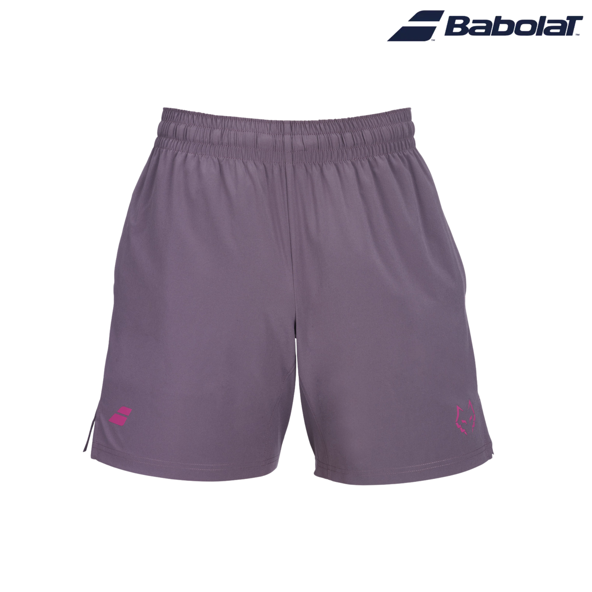 Babolat Juan Lebrón Short Purple 2027 shown from the front on a light background, featuring purple athletic shorts with an elastic waistband, pink Babolat logo on the left leg and pink Juan Lebrón wolf logo on the right leg, with the Babolat logo in the top right corner.