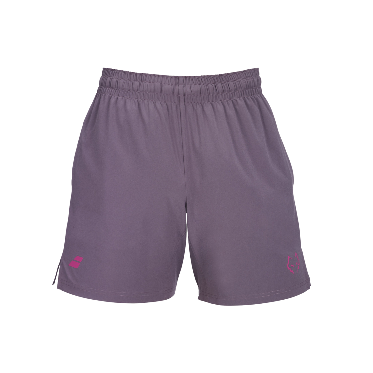 Front view of the Babolat Juan Lebrón Short Purple 2027, showing the purple athletic shorts, elastic waistband, pink Babolat logo on the left leg and pink Juan Lebrón wolf logo on the right leg.
