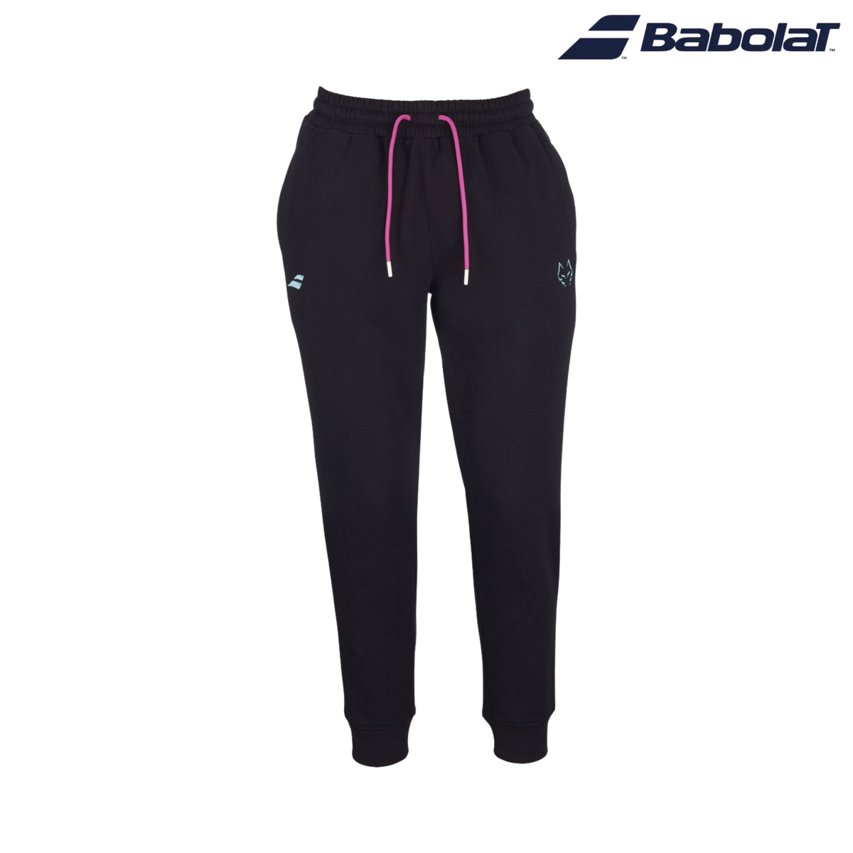 Front product image of the Babolat Juan Lebrón Sweatpants Black 2027, featuring pink drawstrings, light blue leg logos and a black tapered design, with the Babolat brand logo added in the top right corner.
